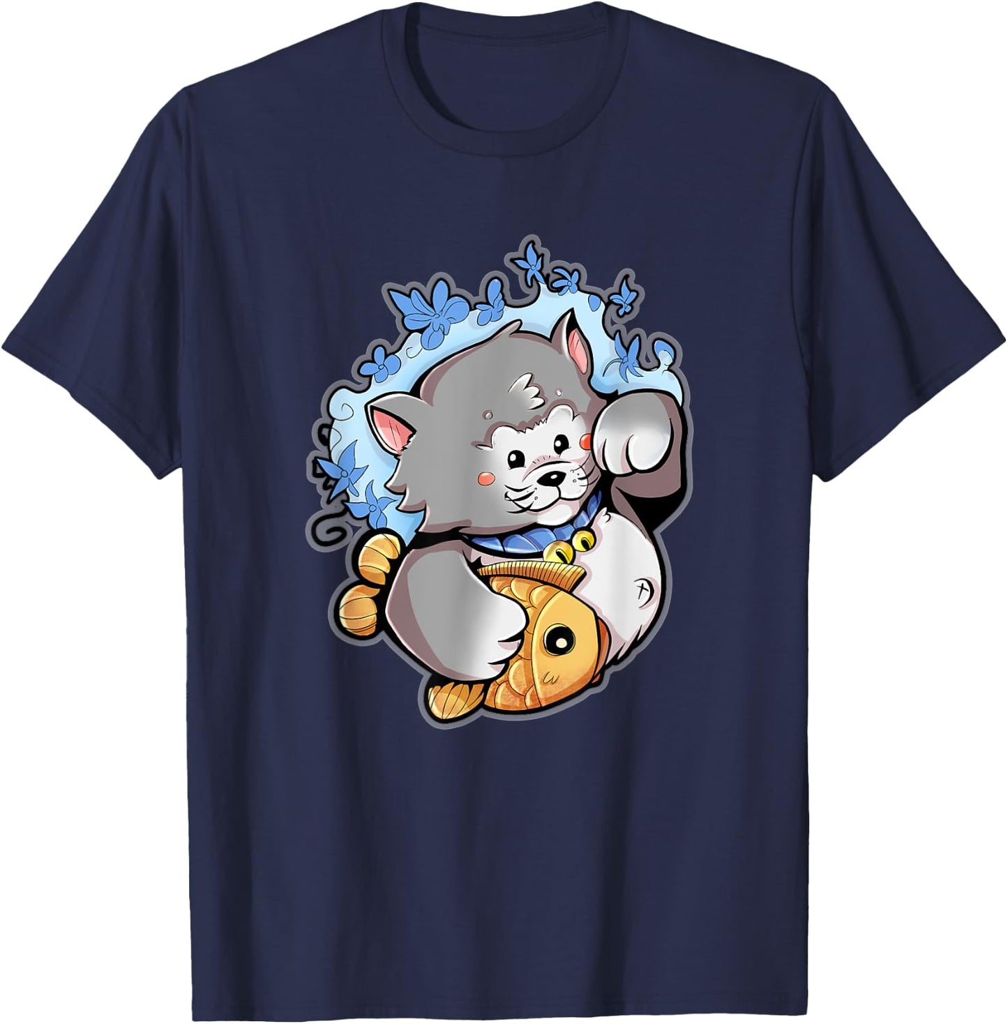 Lucky Gray Maneki-Neko Cat with a Taiyaki T-Shirt - T-Shirt | Navy