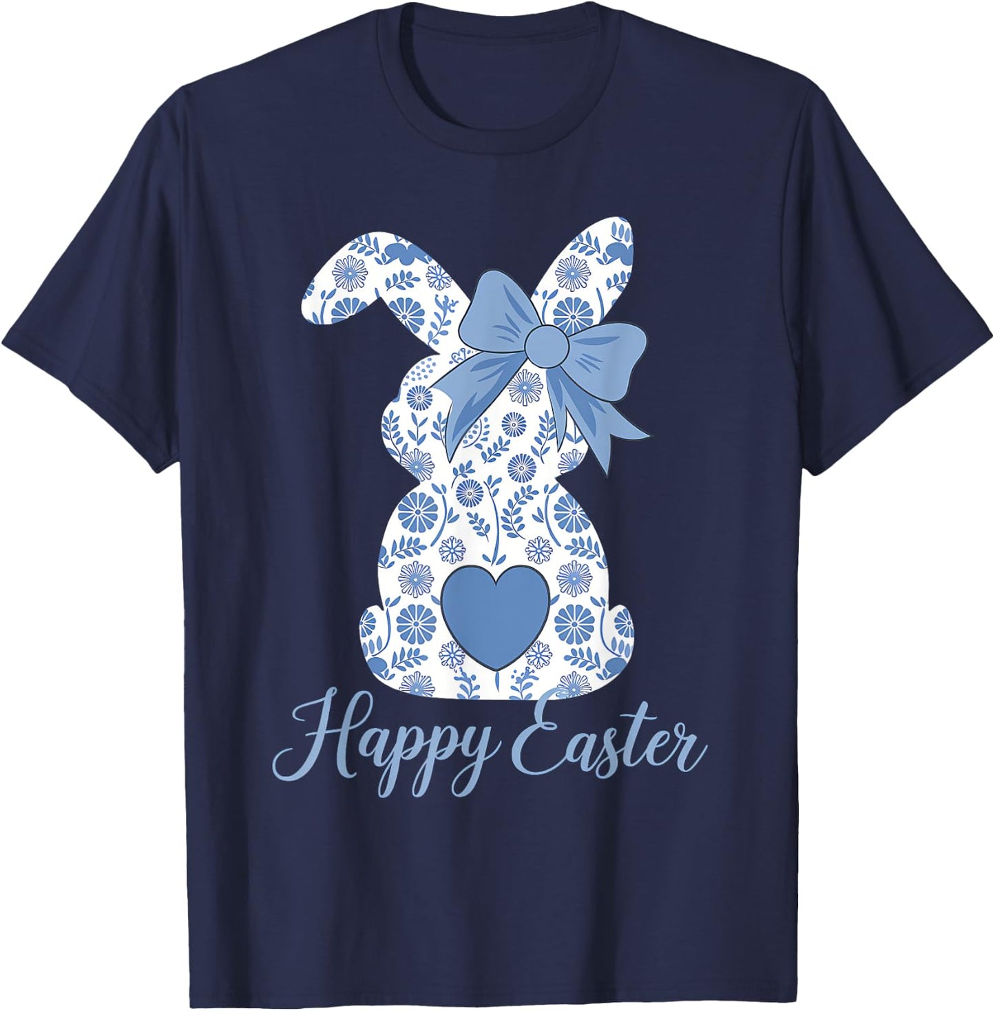 Easter Chinoiserie Floral Bunny With Cute Blue Bow Coquette T-Shirt - T-Shirt | Navy
