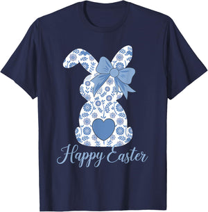 Easter Chinoiserie Floral Bunny With Cute Blue Bow Coquette T-Shirt - T-Shirt | Navy