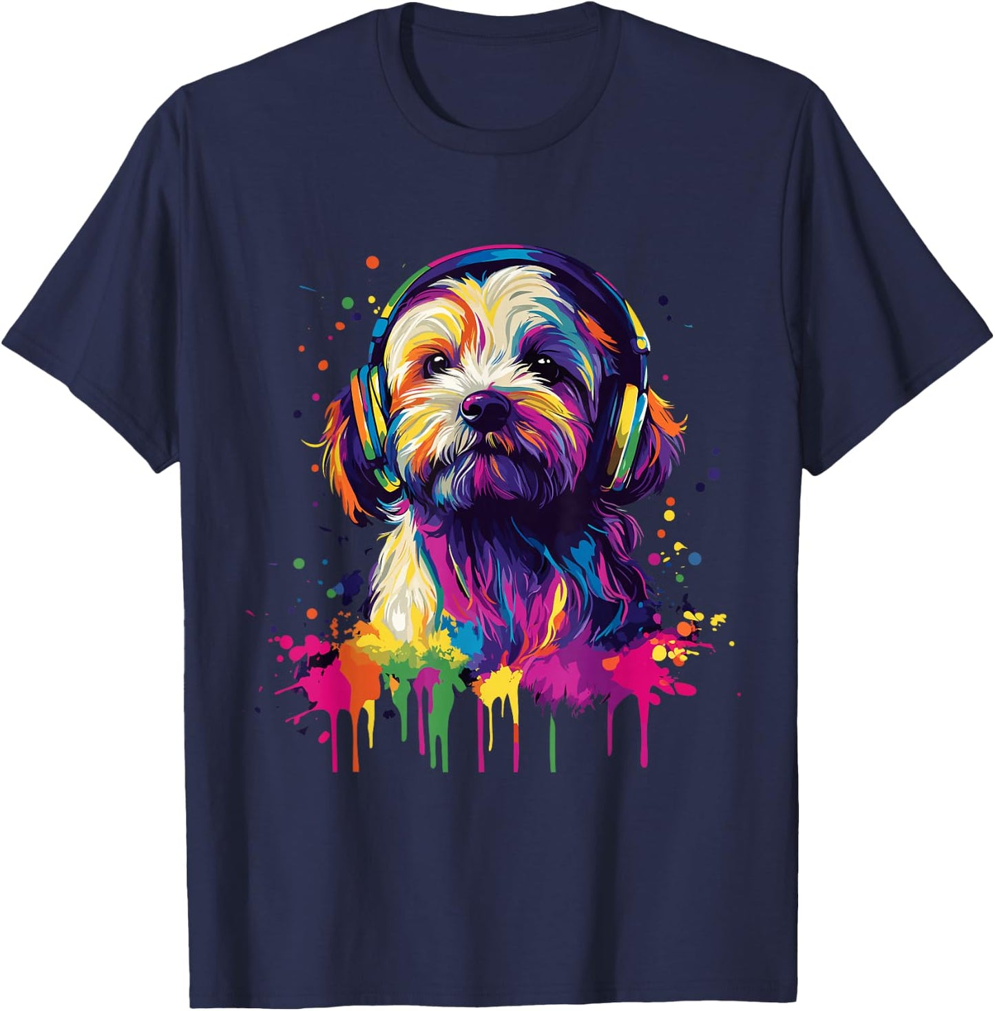 Havanese Lover Pop Art Wearing Headphones Funny Havanese , black T-Shirt - T-Shirt | Navy