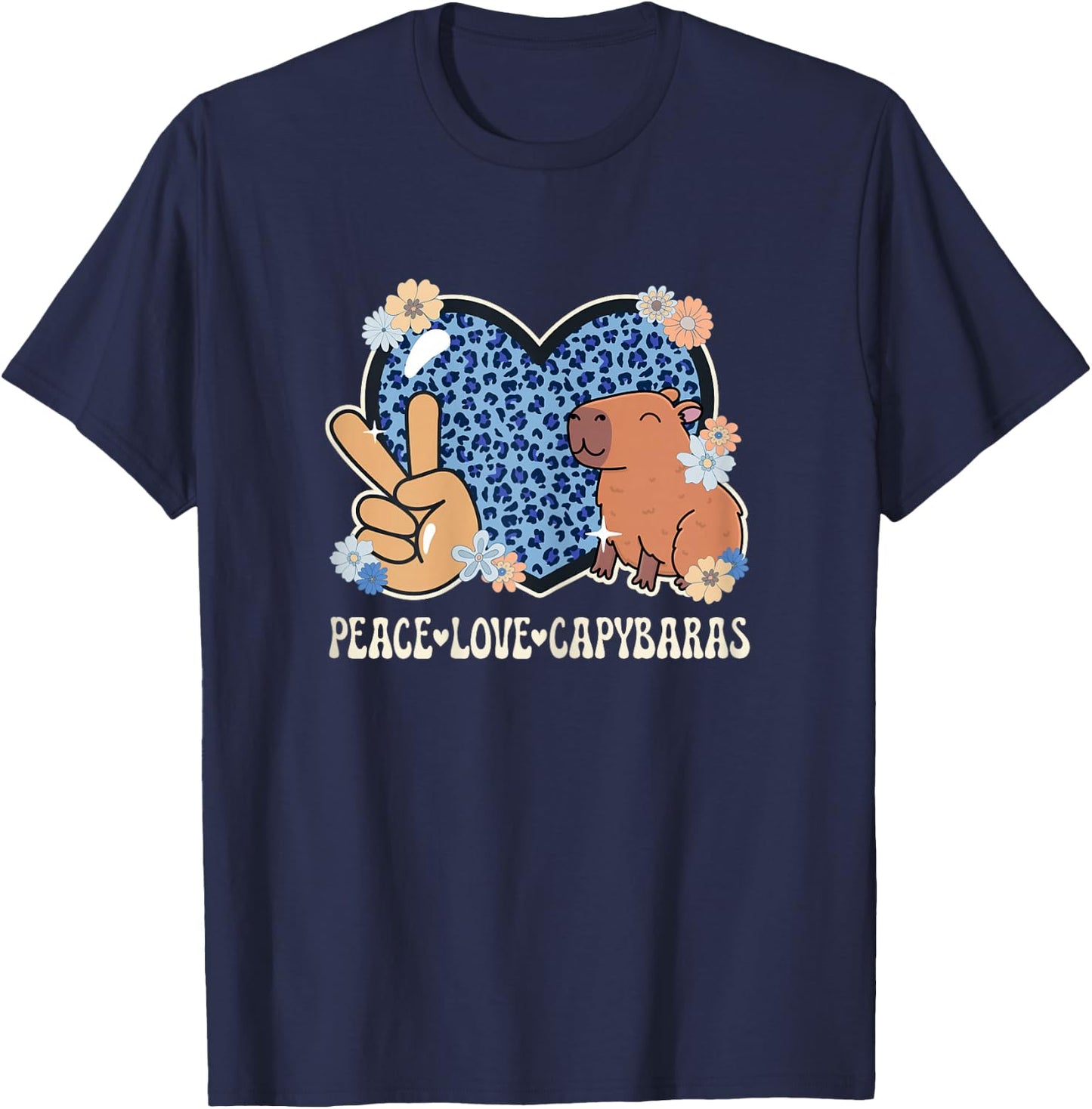Peace Love Capybaras Leopard Print Women Cute Capybara Lover T-Shirt - T-Shirt | Navy