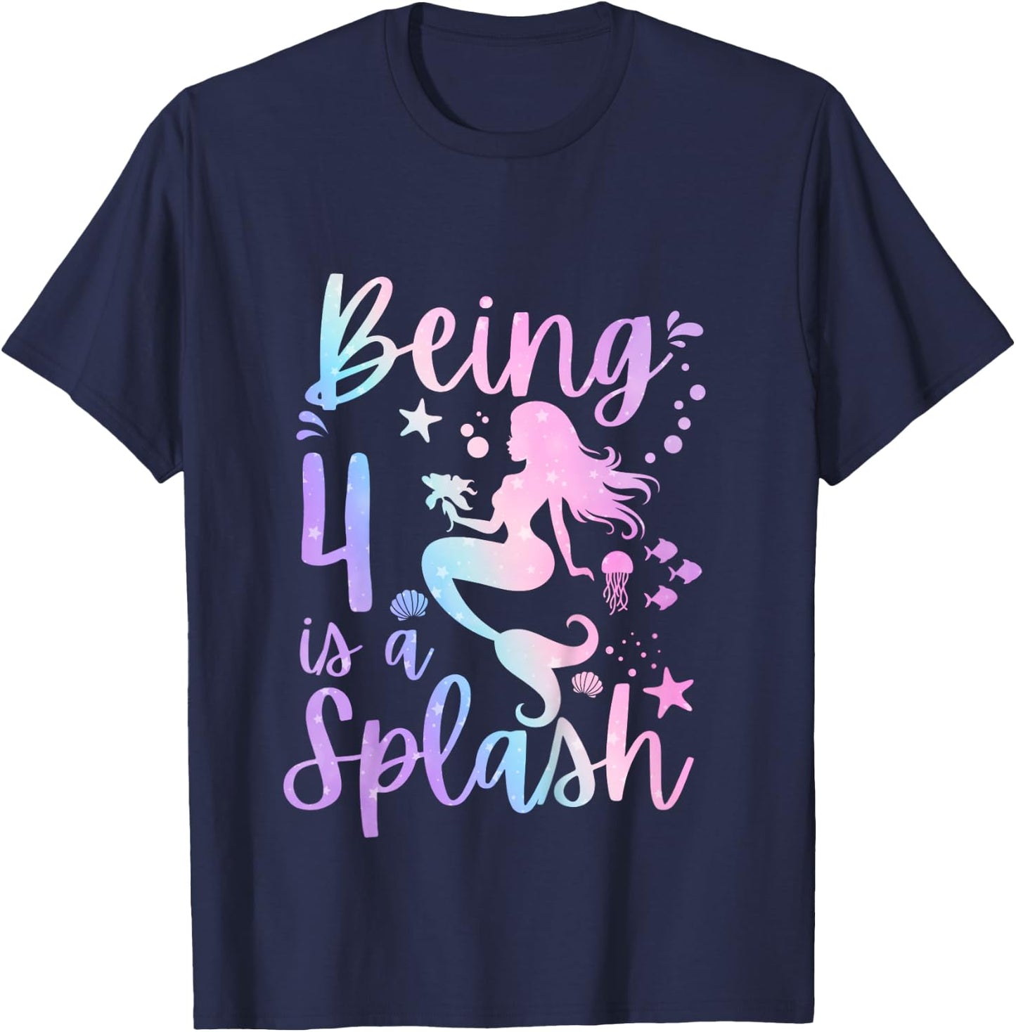 4 Year Old 4th Mermaid Birthday Under Sea Party Themed T-Shirt - T-Shirt | Navy