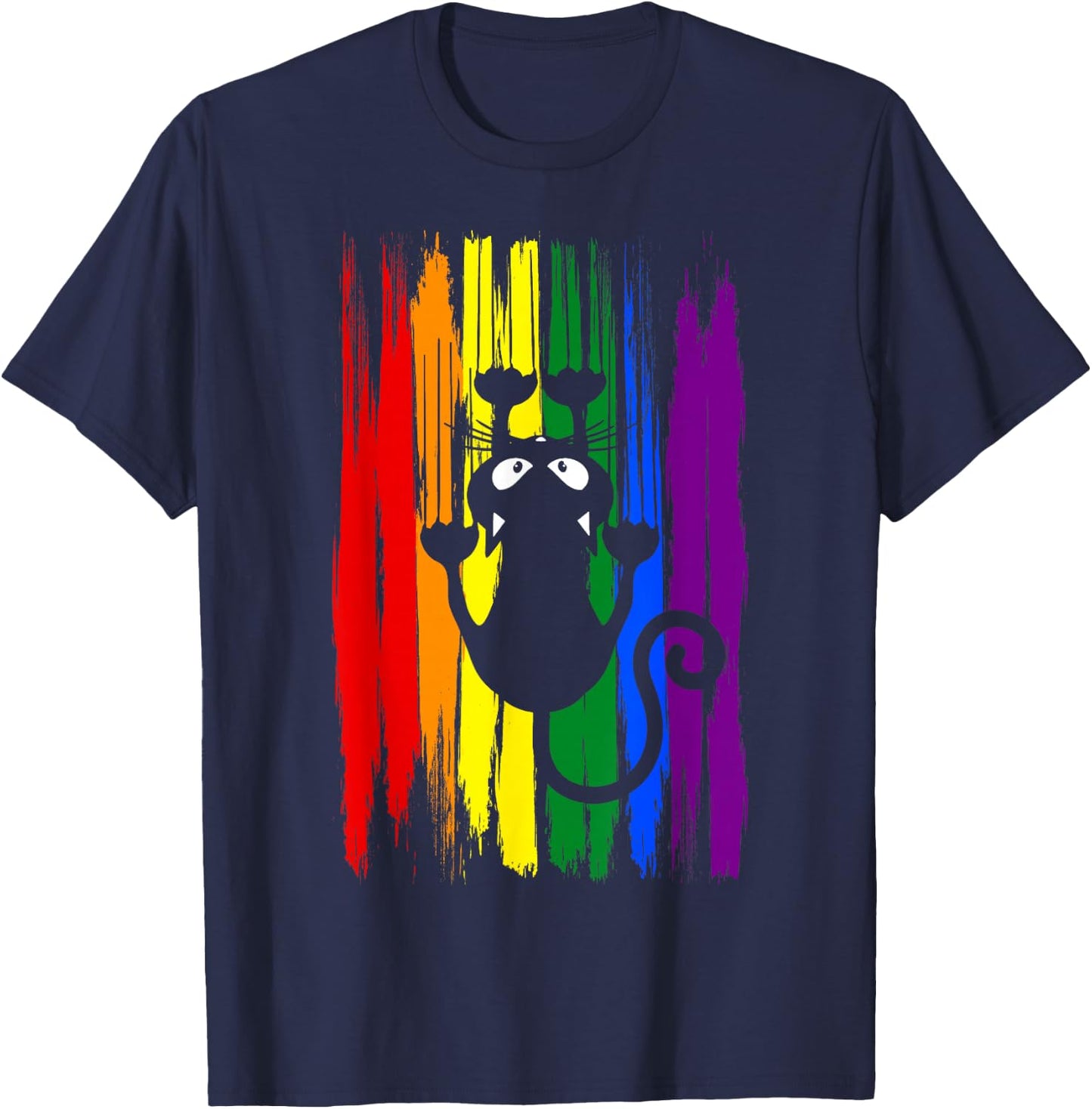 Clawing Black Cat on Rainbow Funny LGBTQ+ Pride T-Shirt - T-Shirt | Navy
