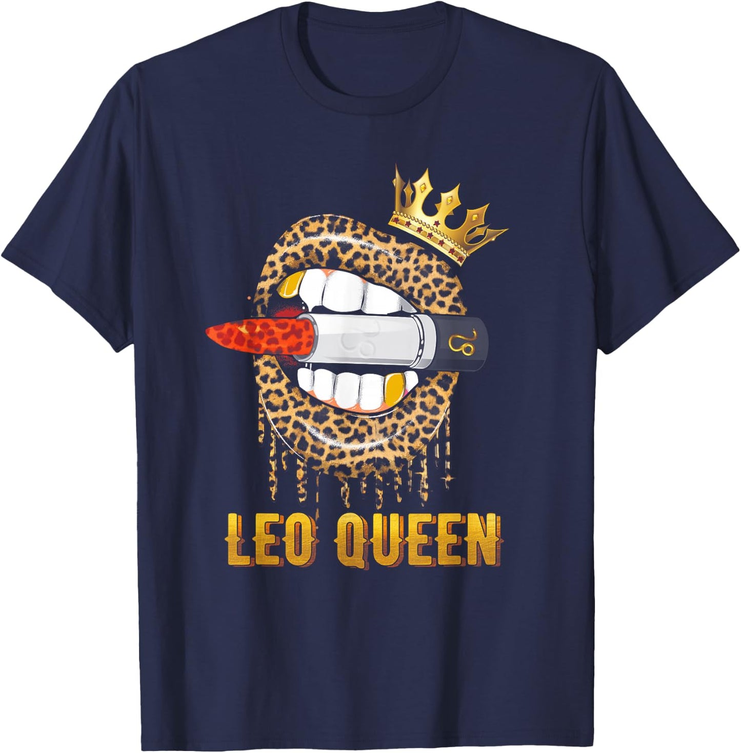 Leo Queen Crown Leopard Print , black T-Shirt - T-Shirt | Navy