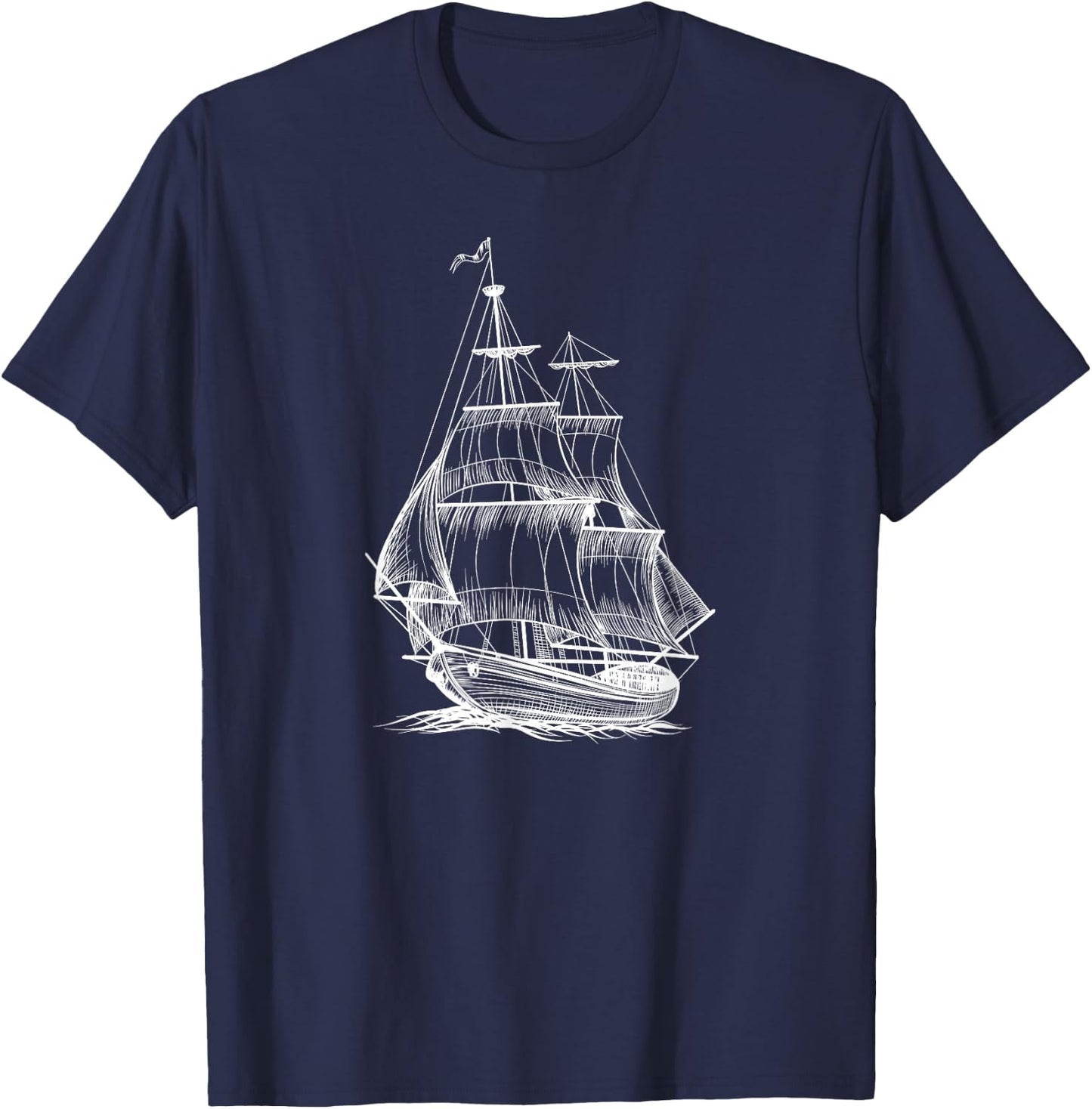 Vintage Pirate Ship Sailor Sailing Boat Sailboat Sketch Art T-Shirt - T-Shirt | Navy