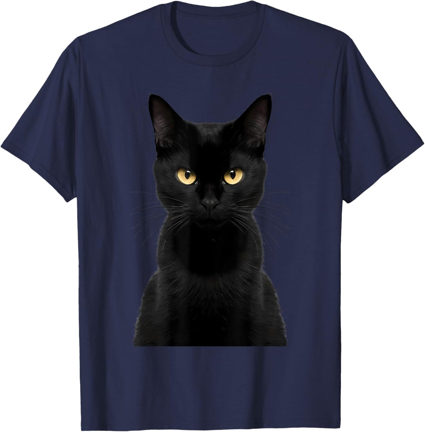 Black Cat Yellow Eyes Angry Cat Funny Staring Cat Halloween Men Women Kids T-Shirt - T-Shirt | Navy