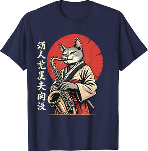 Japanese Samurai Kimono Jazz, Funny Cat Playing Saxophone , Black, S T-Shirt - T-Shirt | Navy