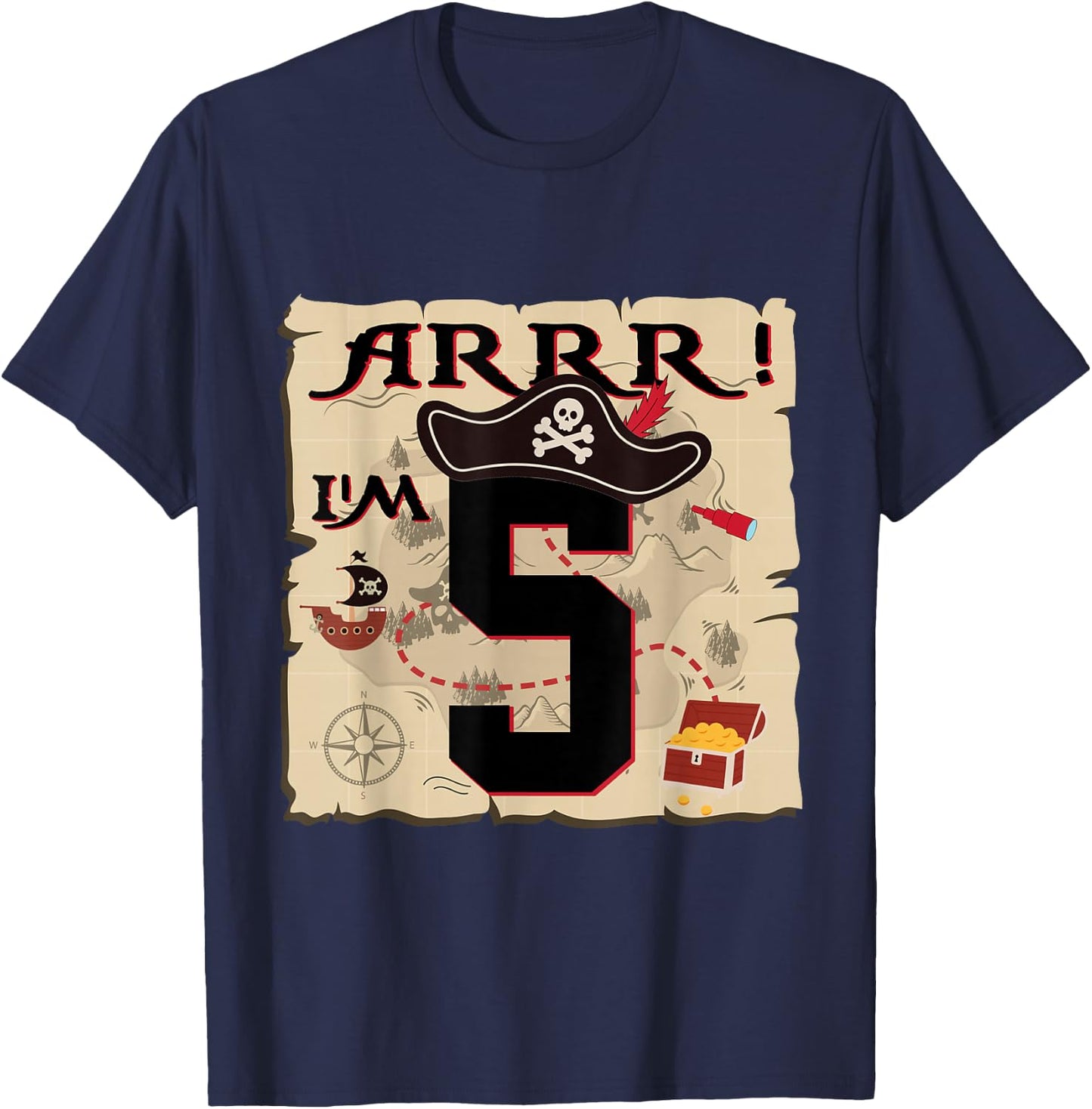 Arrr I'M 5 ARR Pirates Treasure Map 5th Birthday Pirate T-Shirt - T-Shirt | Navy