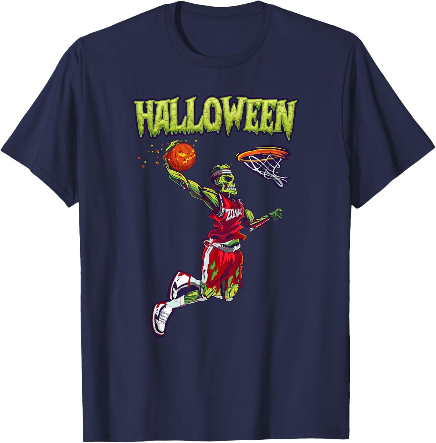 Jump Zombie Basketball Dunk Player Halloween Pumpkin Ball T-Shirt - T-Shirt | Navy