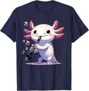 Cute Pink Kawaii Axolotl Playing Clarinet T-Shirt - T-Shirt | Navy
