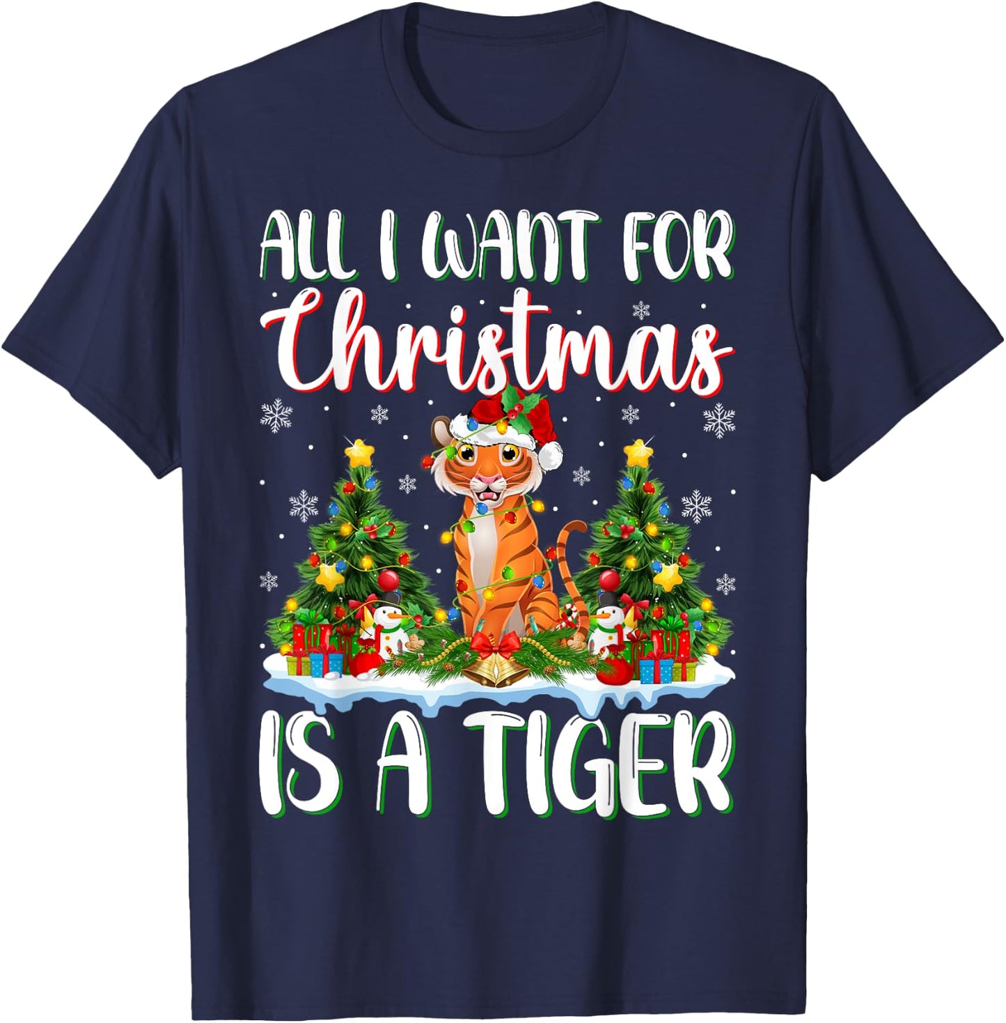 I Want For Christmas Is A Tiger Xmas Tree Lights T-Shirt - T-Shirt | Navy