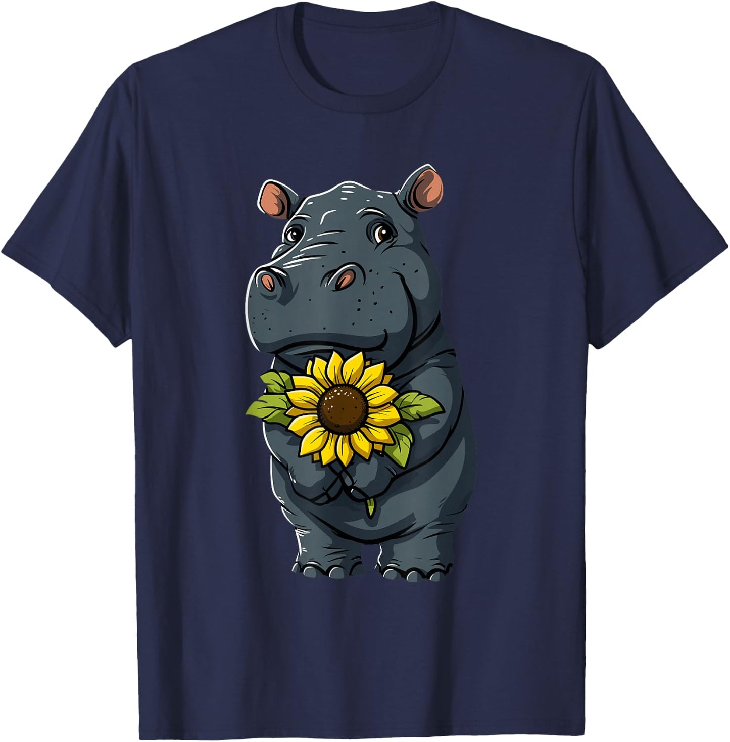 Hippo Holding Sunflower Cute Hippopotamus Mothers Day T-Shirt - T-Shirt | Navy