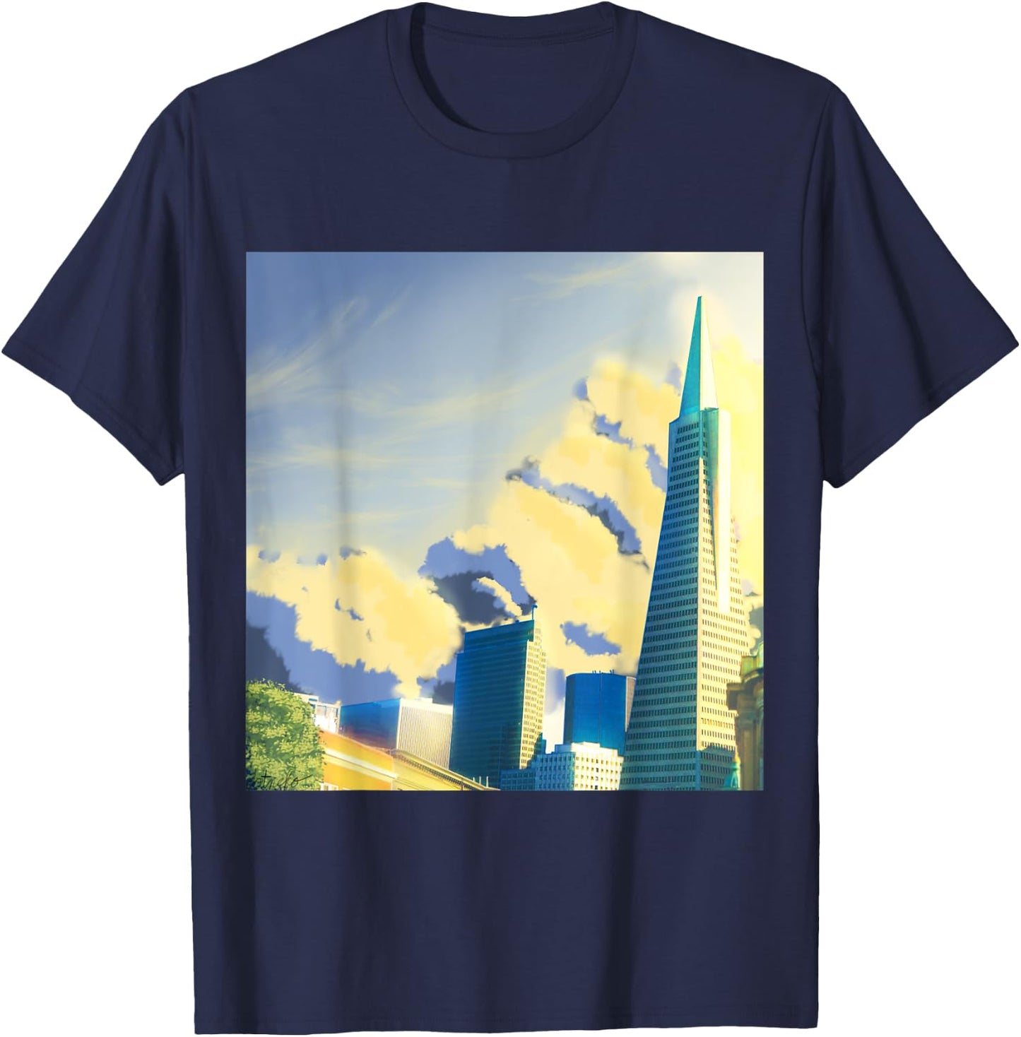 SF Transamerica Pyramid Scenery - Relaxing Anime Sunset T-Shirt - T-Shirt | Navy