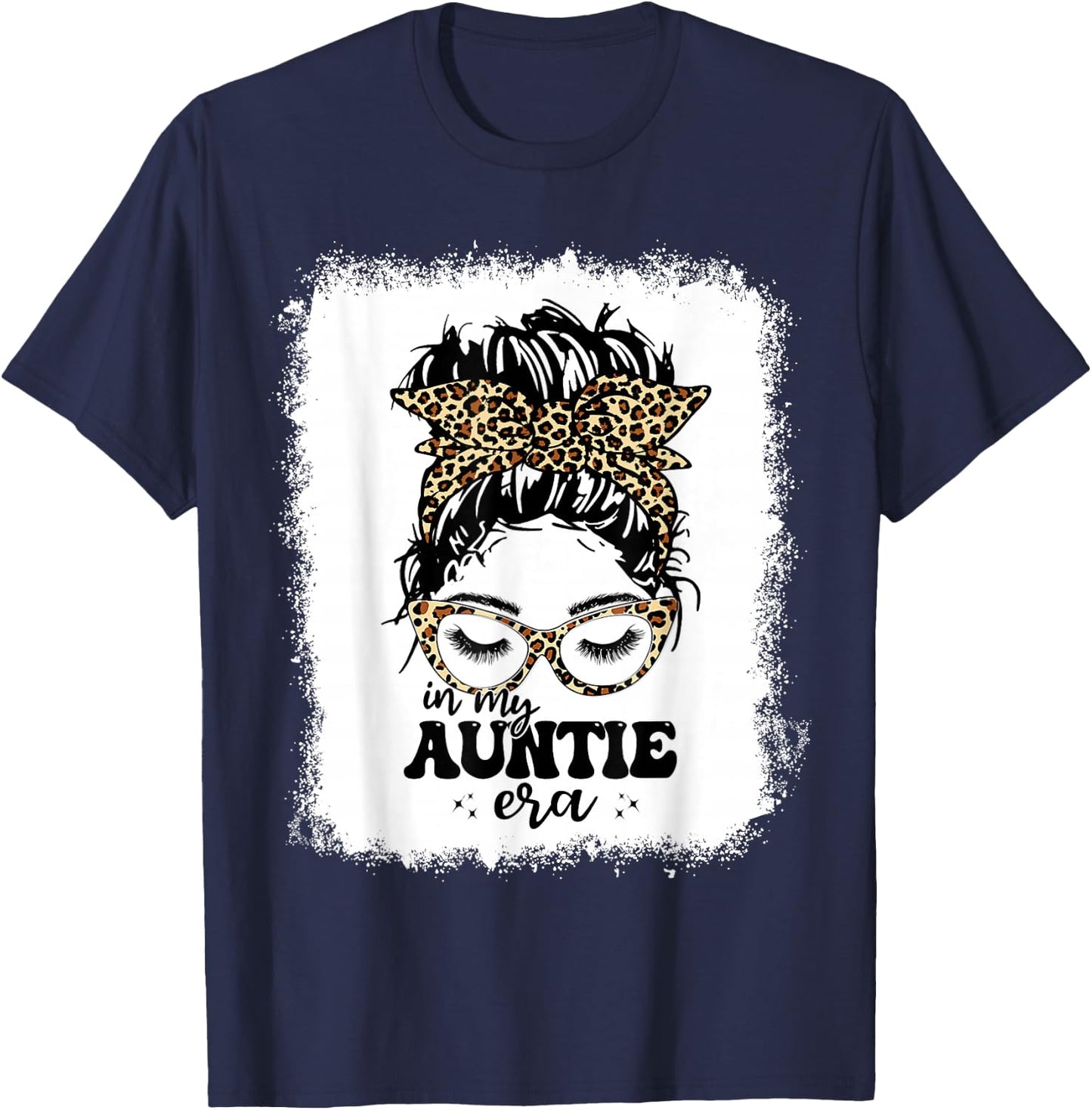 Leopard Messy Bun In My Auntie Era Bleached T-Shirt - T-Shirt | Navy