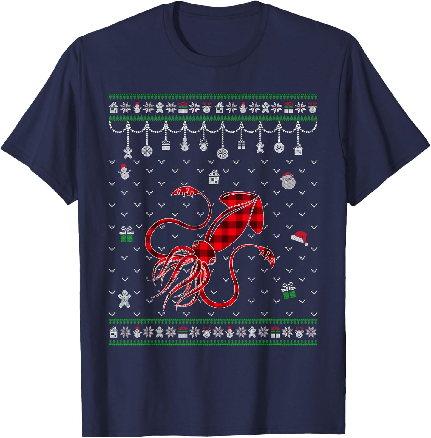Red Plaid Squid Lover Funny Ugly Christmas Sweater T-Shirt - T-Shirt | Navy