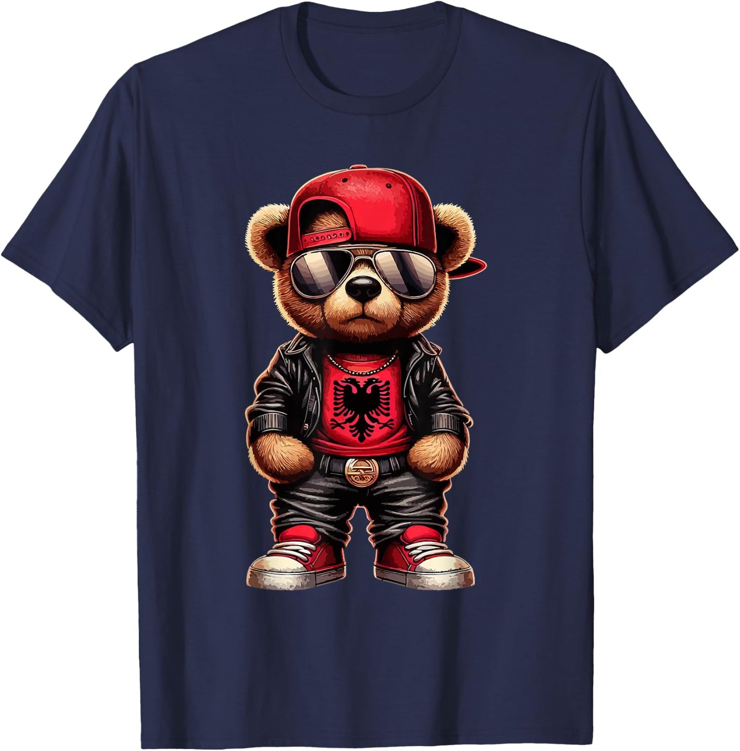 Cool Albanian Teddy Bear Albania Flag Outfit Street , black T-Shirt - T-Shirt | Navy