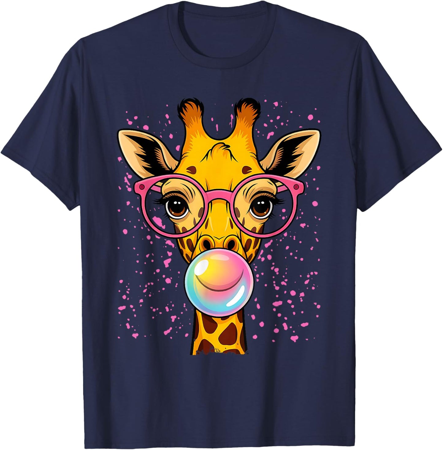 Funny Giraffe Pink Glasses Blowing Bubble Gum Animal Lovers T-Shirt - T-Shirt | Navy