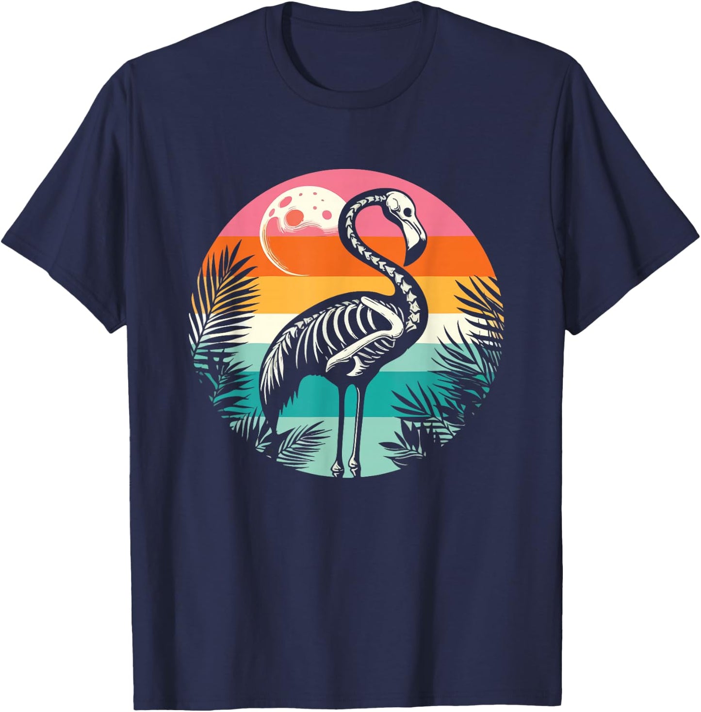 Flamingo Skeleton Summer Vibes Retro Graphic T-Shirt - T-Shirt | Navy
