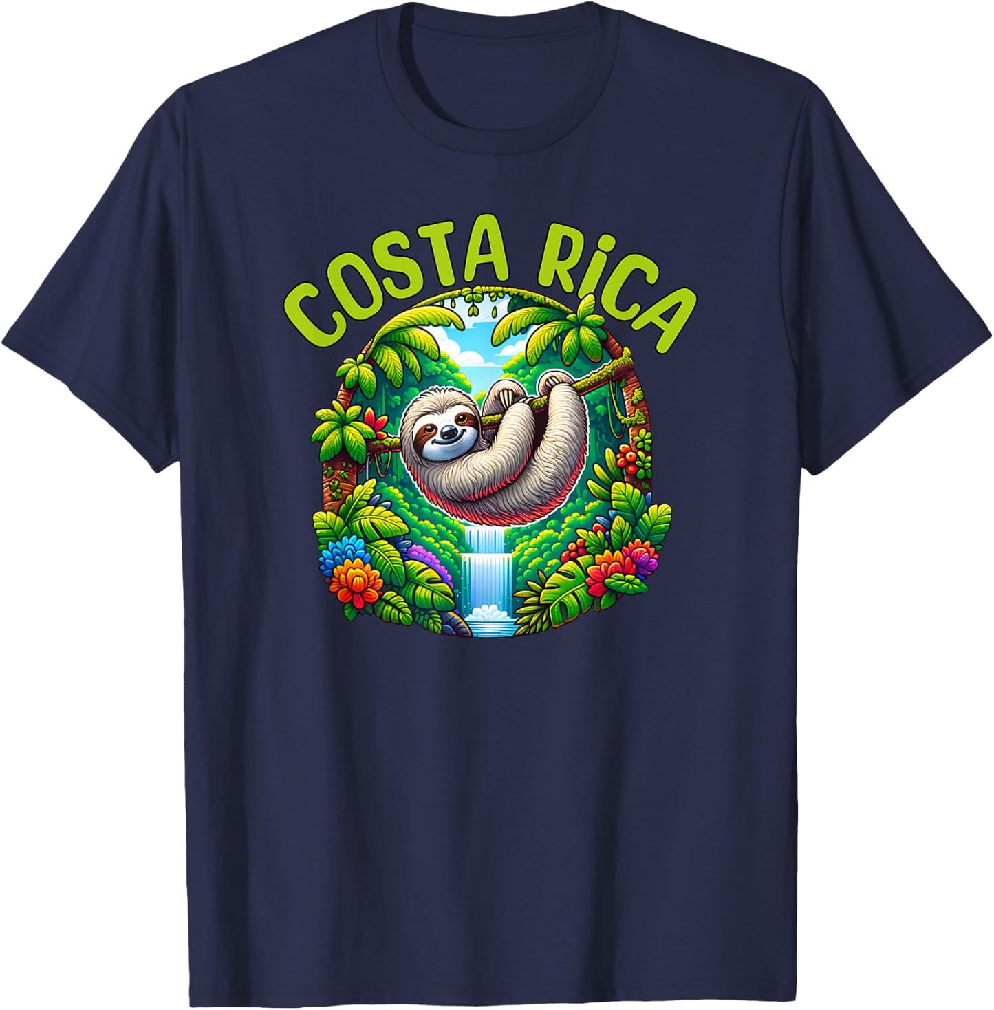 Costa Rica Sloth - Tropical Rainforest Waterfall Travel Fun T-Shirt - T-Shirt | Navy