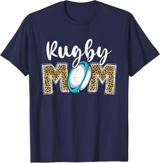 Cute Rugby Mom Leopard Print Mom For Mother's Day T-Shirt - T-Shirt | Navy