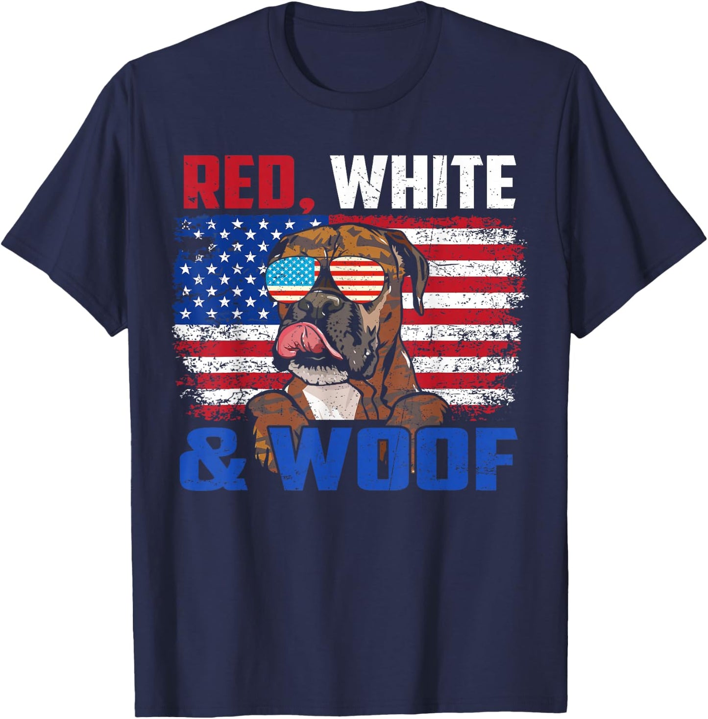 Red White And Woof Brindle Boxer Dog Lover Flag 4th Of July T-Shirt - T-Shirt | Navy