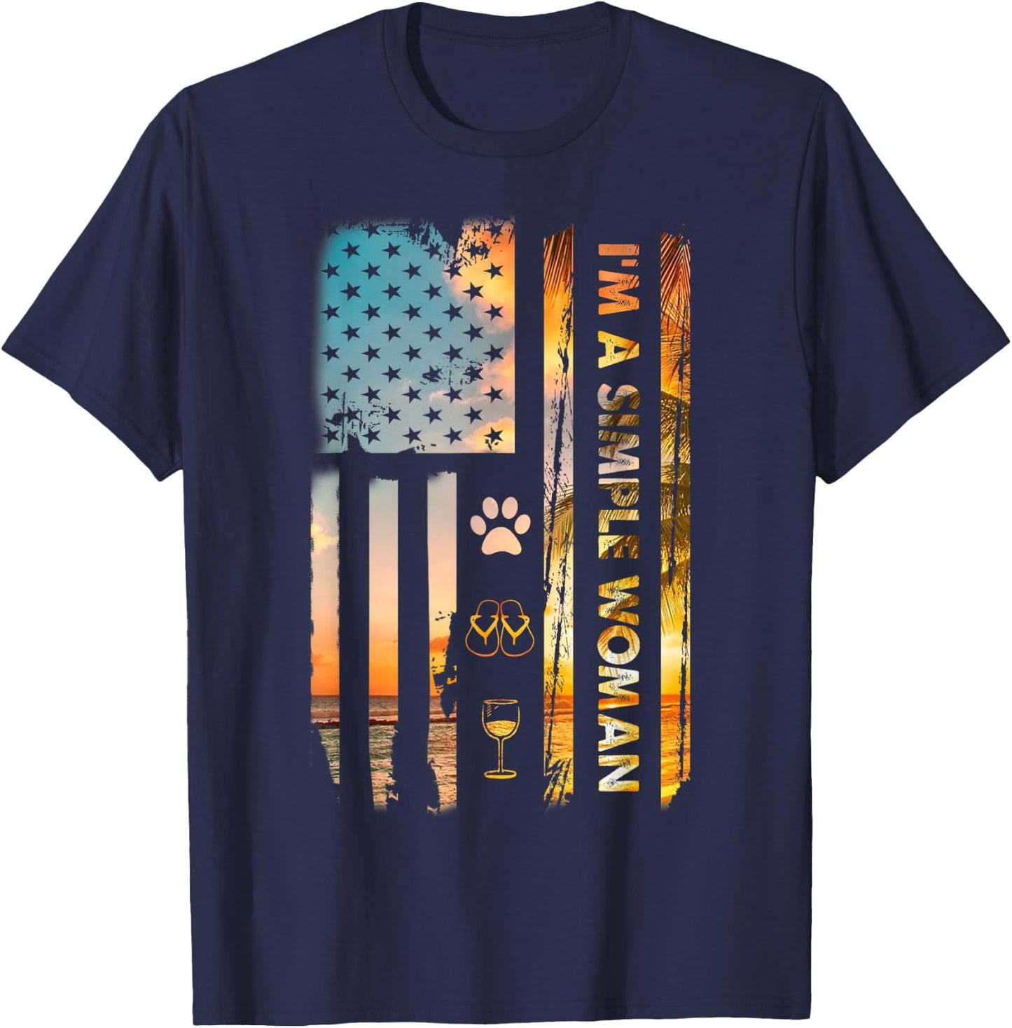 I'm A Simple Woman Camping Wine Flip Flops Love Dog USA Flag T-Shirt - T-Shirt | Navy