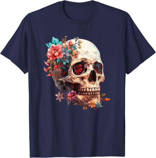 Floral Sugar Skull Rose Flowers Mycologist Gothic Goth T-Shirt - T-Shirt | Navy
