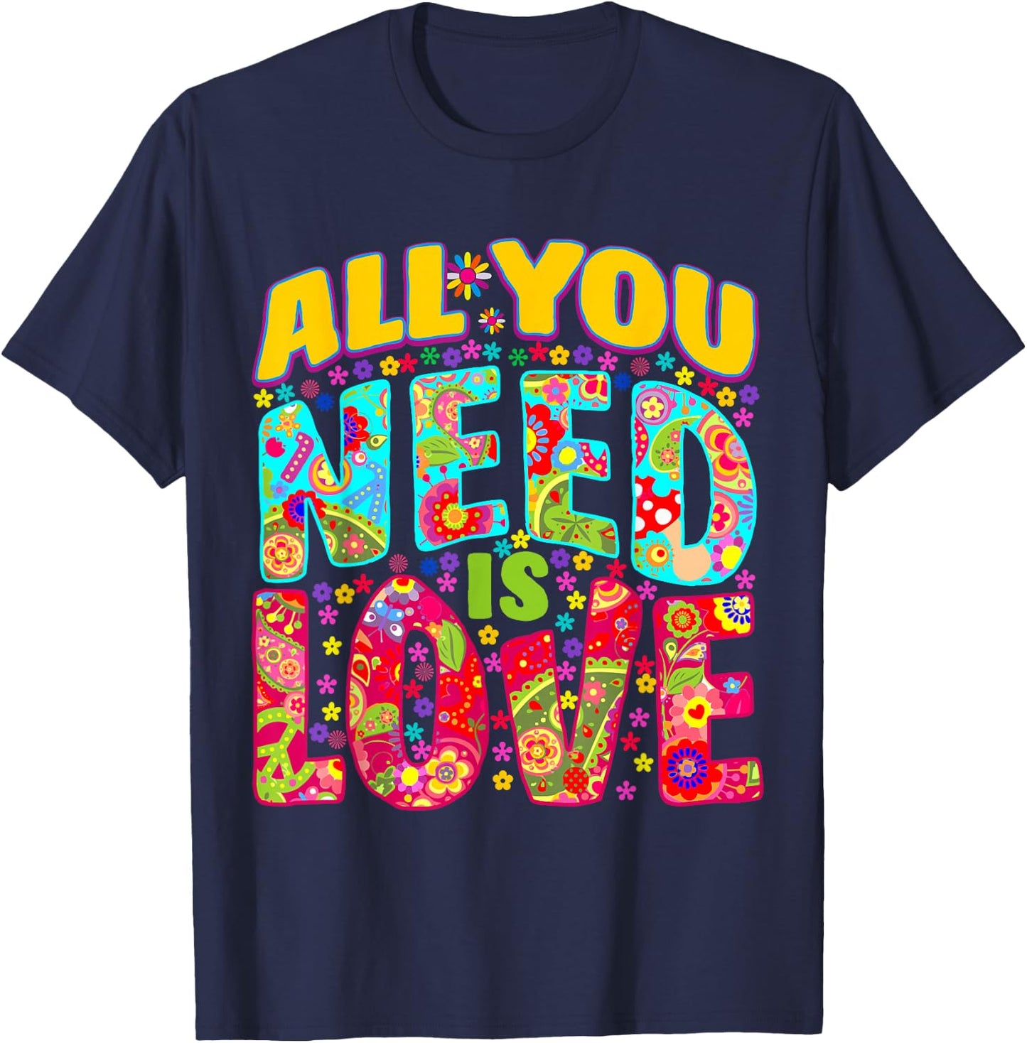 Hippie Flower Power Bohemian Peace Love Retro 60s 70s Groovy , Black, S T-Shirt - T-Shirt | Navy