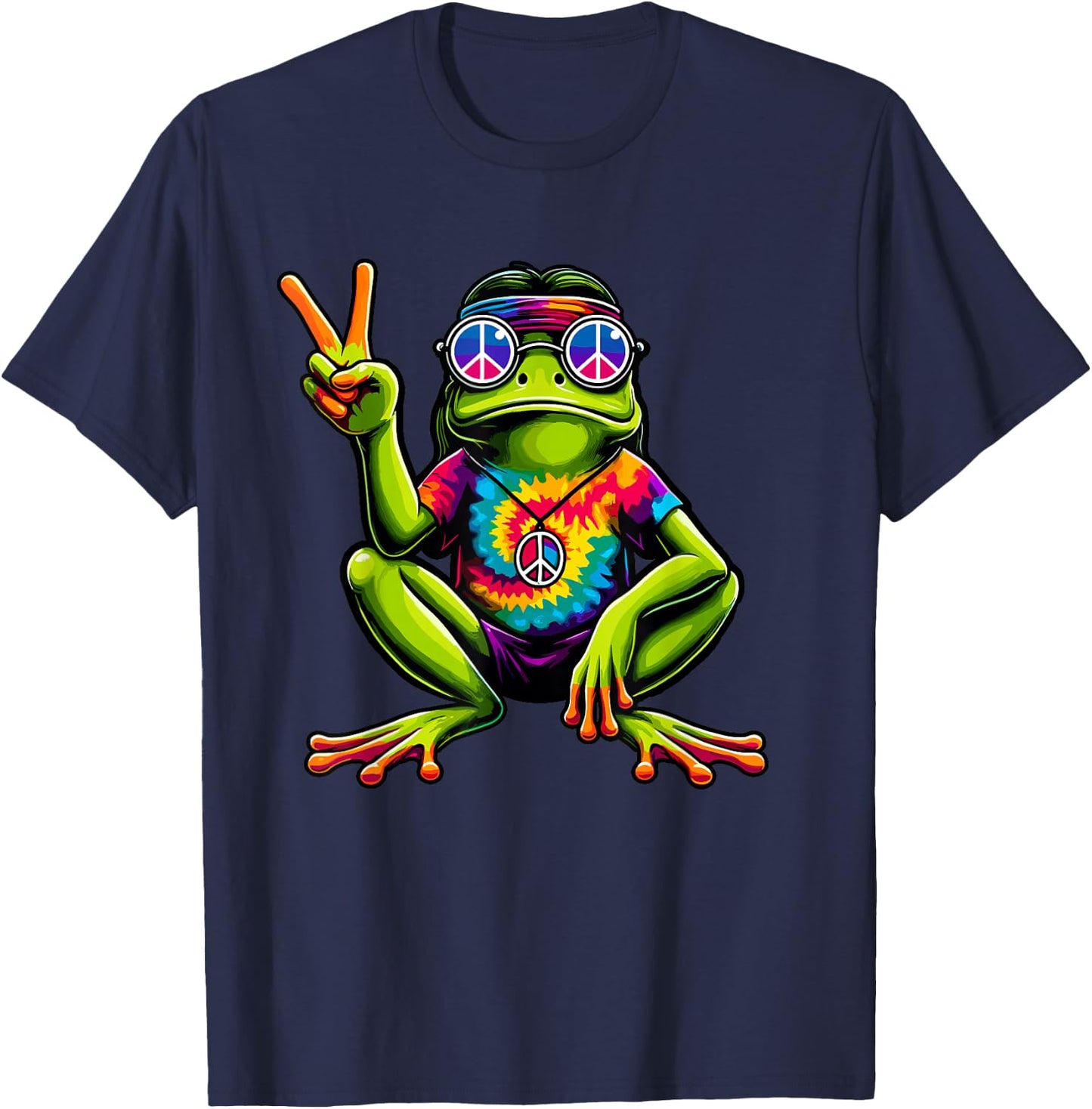 Tie-Dye Hippie Frog, Peace Sign, 60s Party & 70s Costume T-Shirt - T-Shirt | Navy