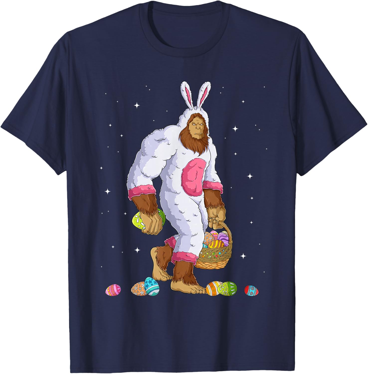 Funny Bigfoot Sasquatch Happy Easter Bunny Eggs T-Shirt - T-Shirt | Navy