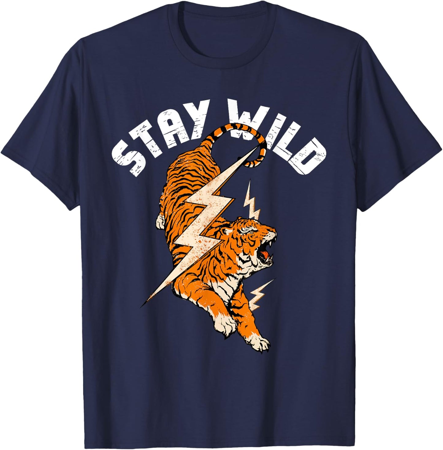 Stay Wild Tiger Cool Tiger & Lightning Bolt Retro Distressed T-Shirt - T-Shirt | Navy