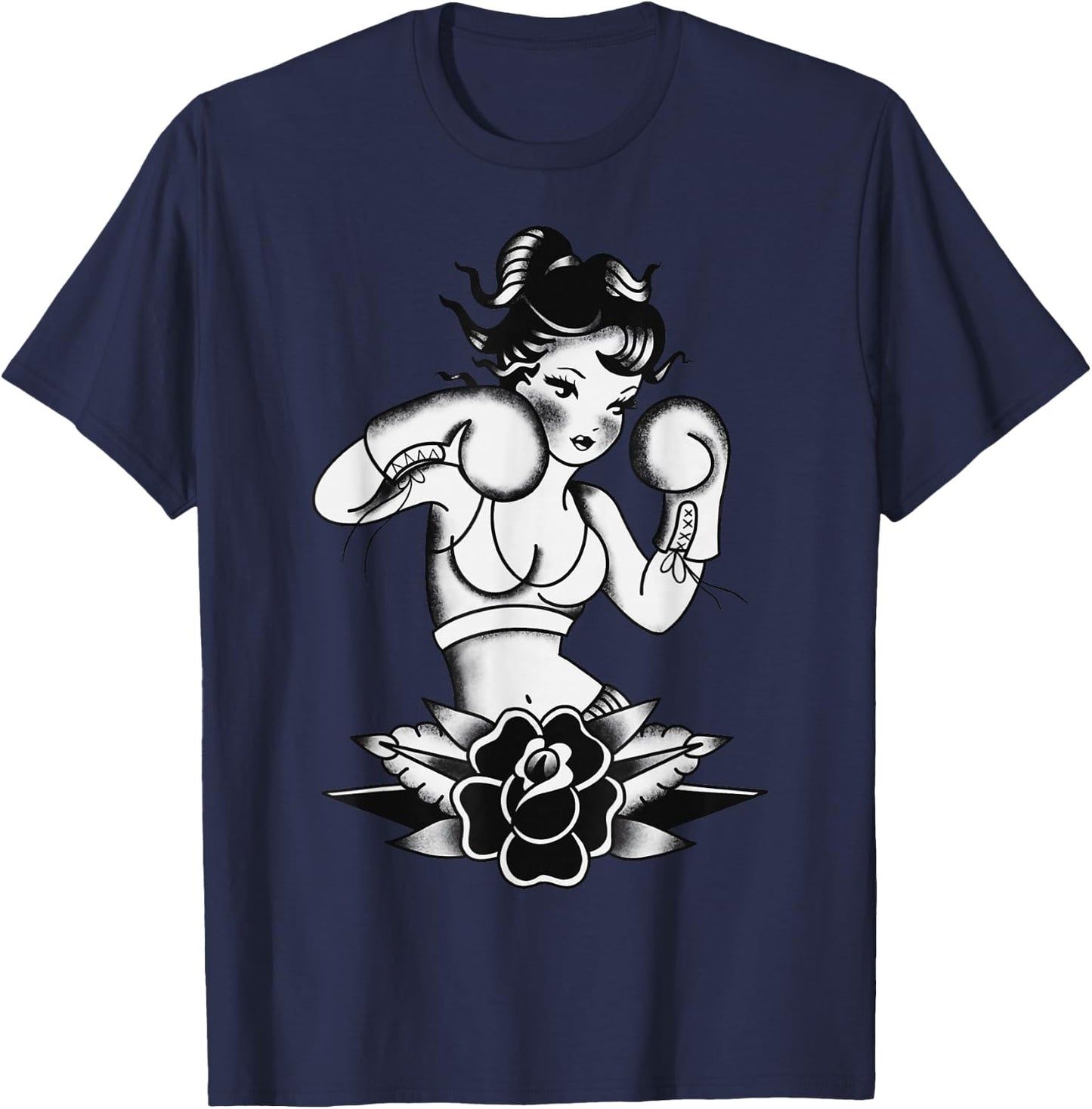 Traditional Boxer Girl Pin-Up Pretty Girl Blackwork T-Shirt - T-Shirt | Navy