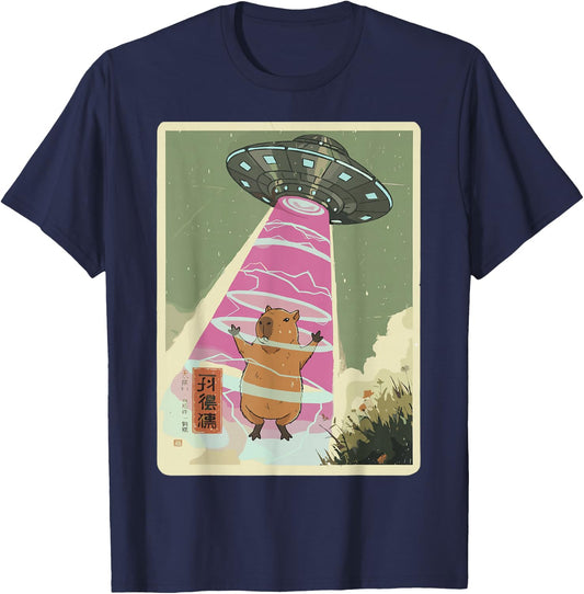 Cute Capybara UFO Japanese Sci-Fi Retro Animal Design T-Shirt - T-Shirt | Navy