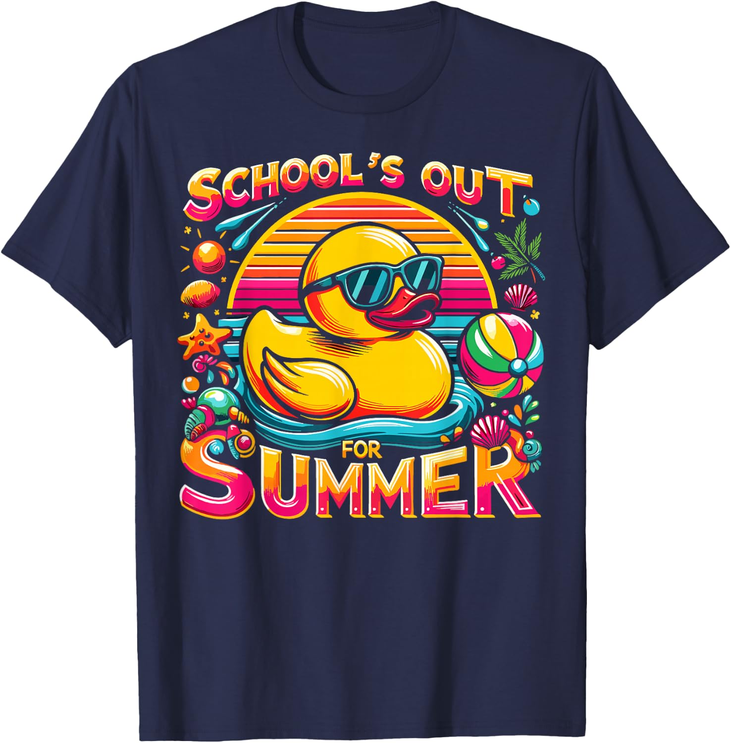 Schools Out For Summer Teacher Girls Boys Kids Yellow Duck T-Shirt - T-Shirt | Navy