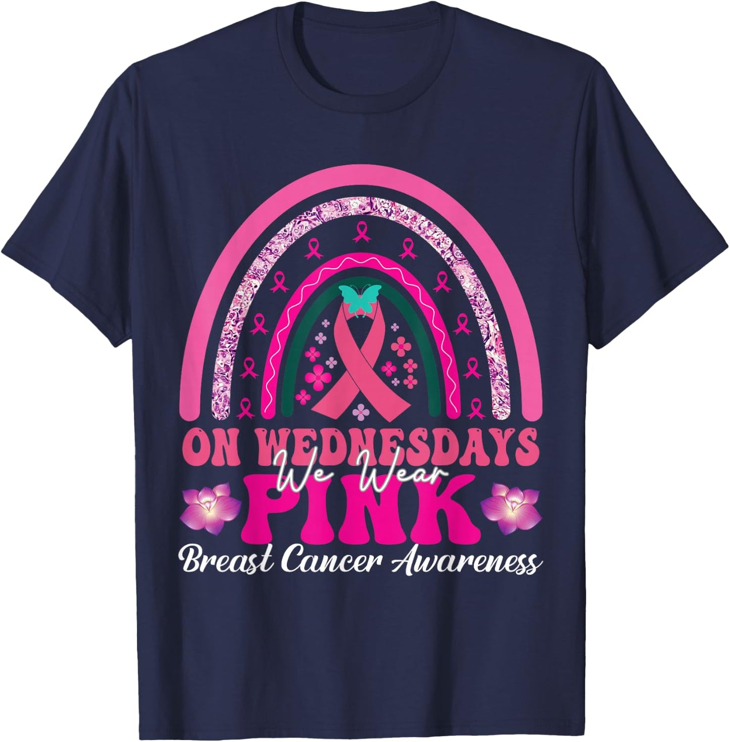 On Wednesday We Wear Pink Rainbow Breast Cancer Fighter T-Shirt - T-Shirt | Navy