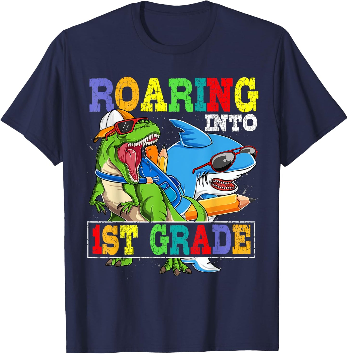 Roaring 1st Grade Dinosaur Shark Back to School Boys Kids T-Shirt - T-Shirt | Navy