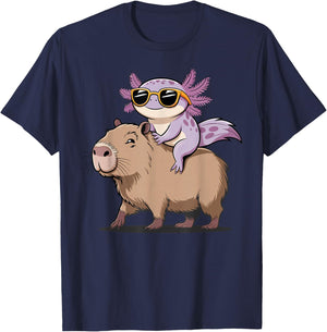 Funny Axolotl Graphic Cute Axolotl Riding A Capybara T-Shirt - T-Shirt | Navy