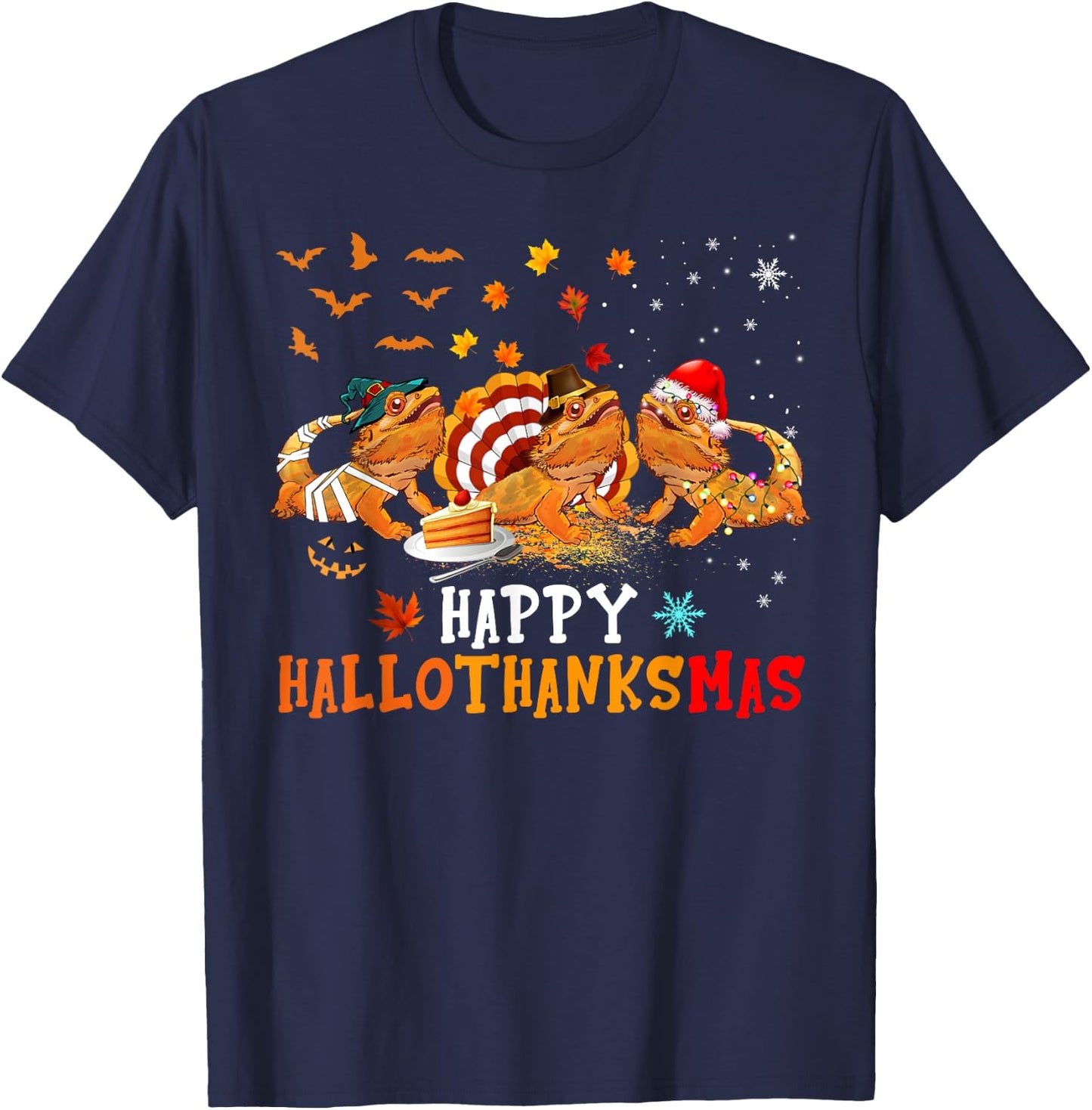 Happy HalloThanksMas Cute Santa Witch Turkey Bearded Dragon T-Shirt - T-Shirt | Navy