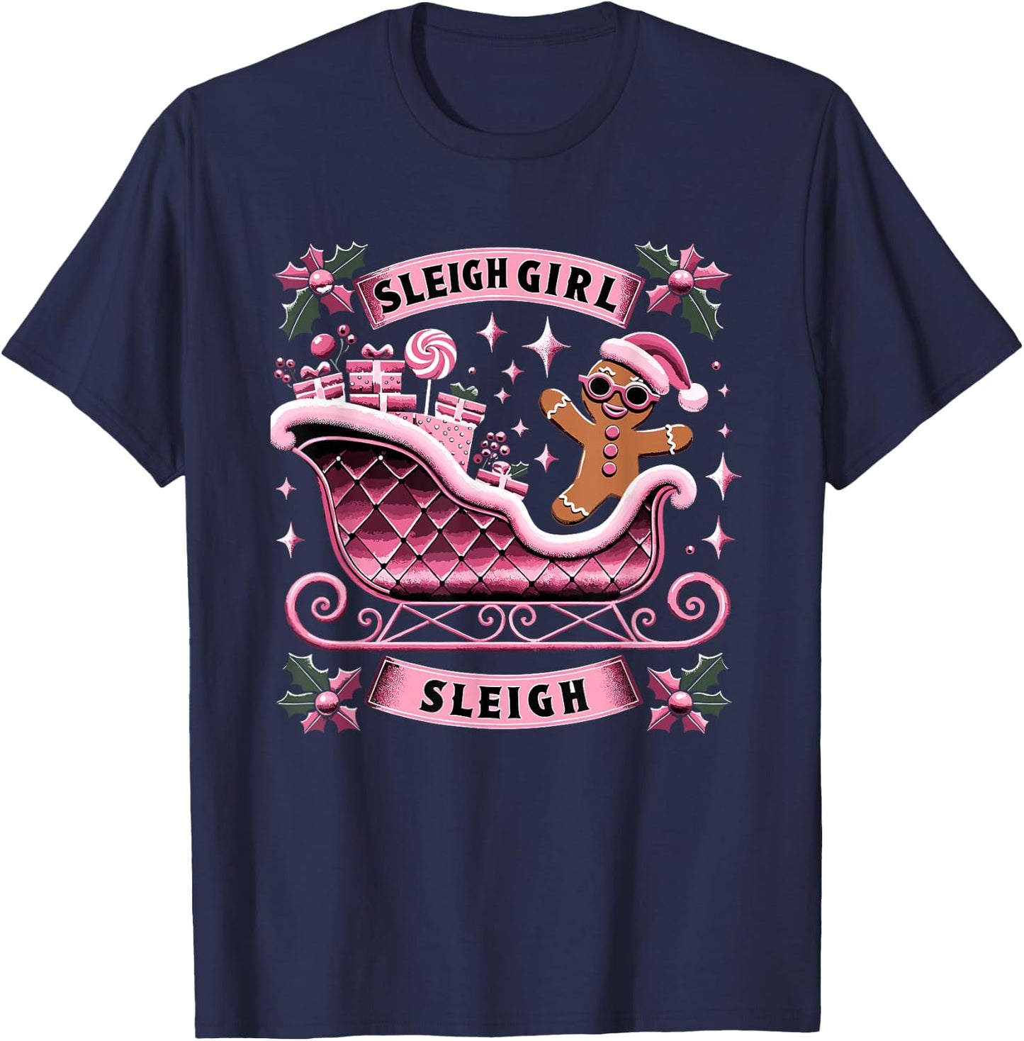 Groovy Pink Christmas Candy Sleigh Girl Gingerbread Holiday T-Shirt - T-Shirt | Navy