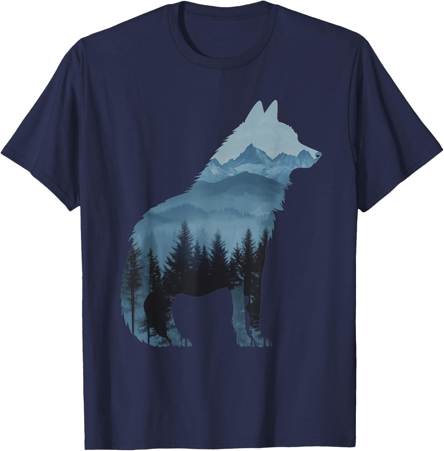 Wolf and Forest Silhouette double exposure Art T-Shirt - T-Shirt | Navy