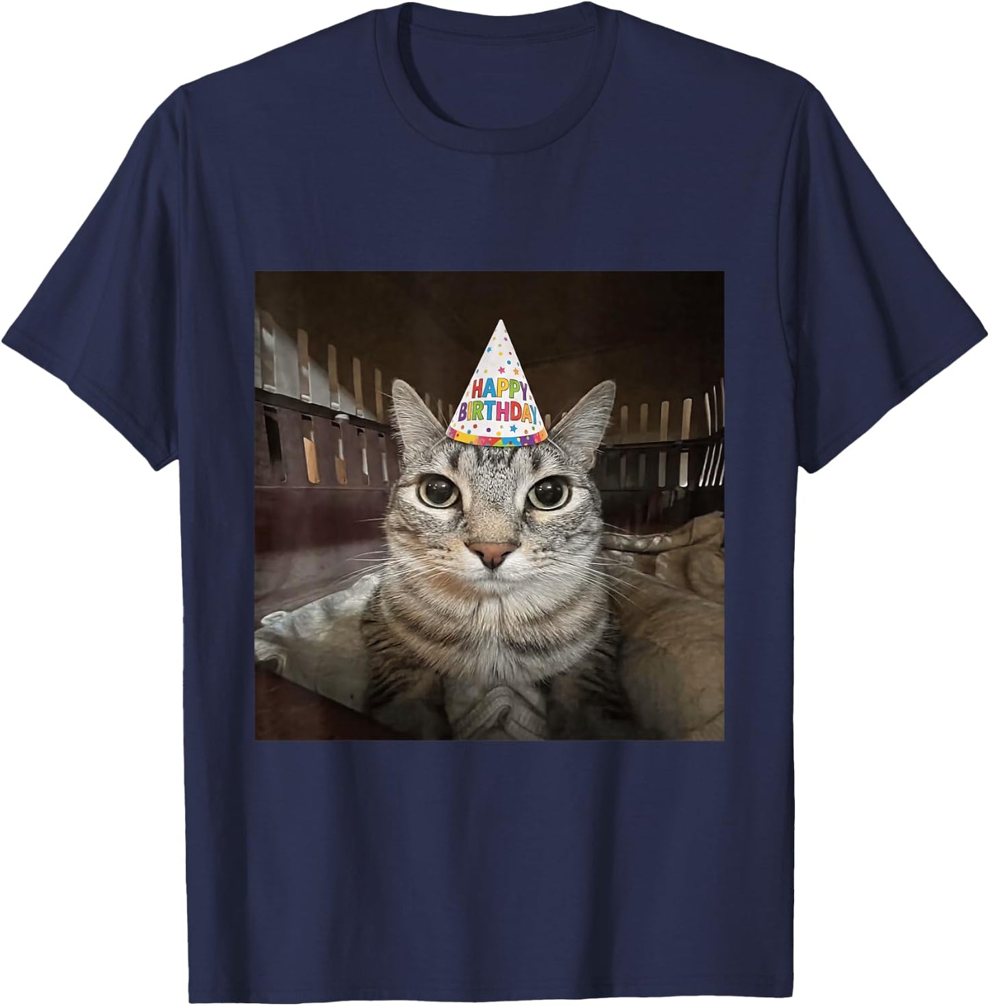 Funny Staring Meme Cat Birthday Greeting Adults Boys Girls T-Shirt - T-Shirt | Navy