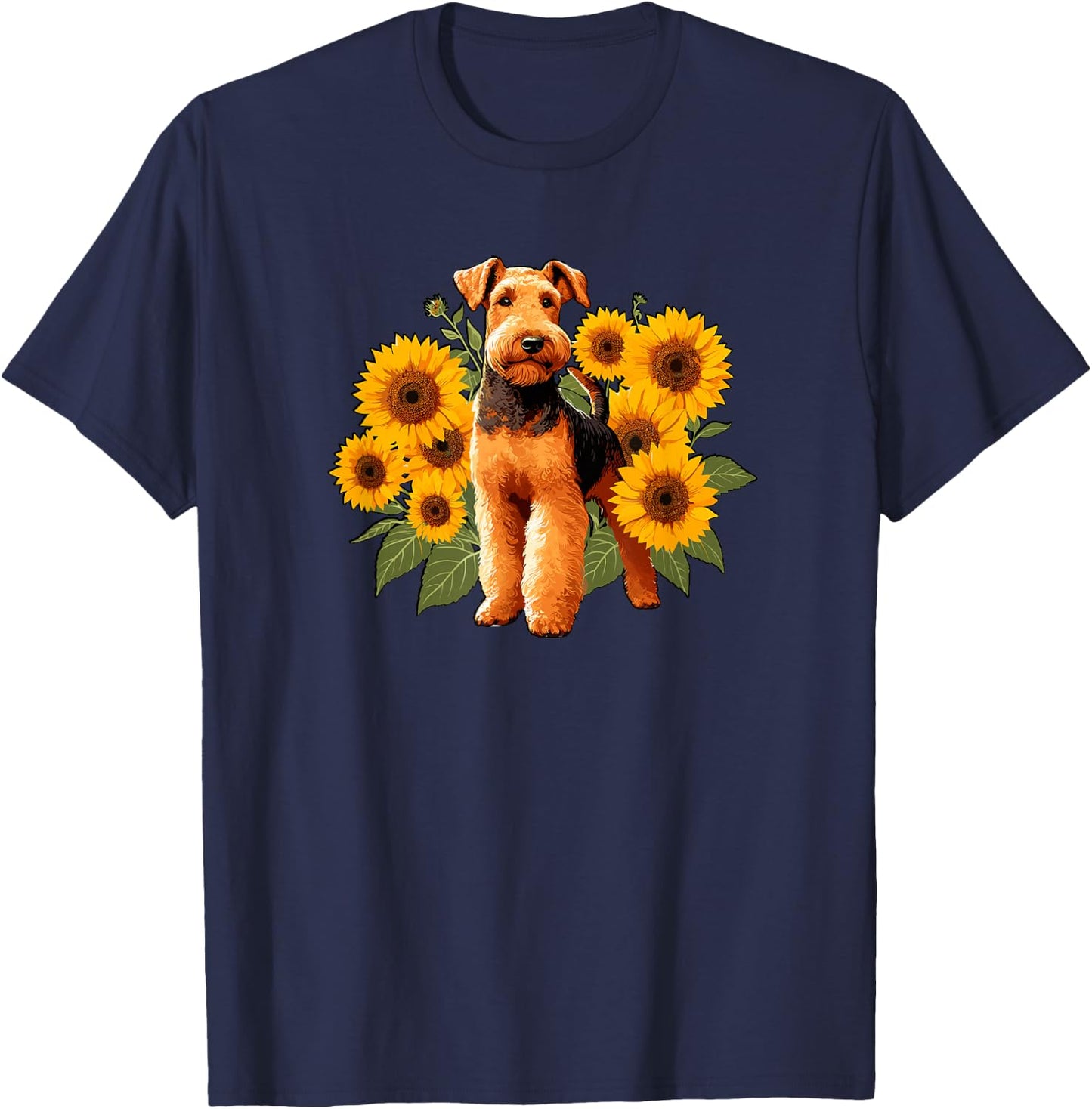 Funny & Girls Sunflowers Airedale Terrier Dog Lover T-Shirt - T-Shirt | Navy