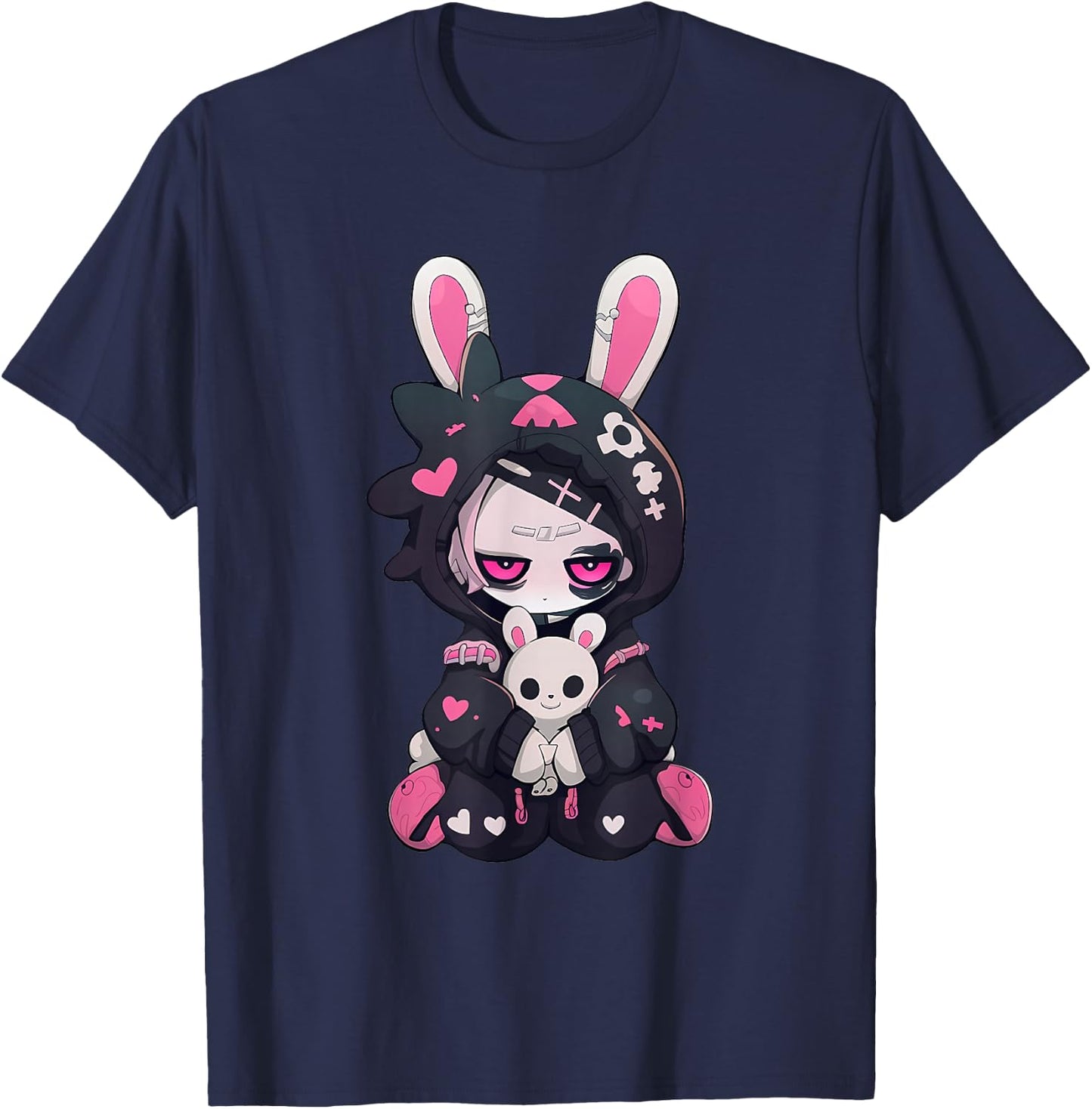 Cute Gothic Girl Chibi Style Bunny E-Girl Skull Heart Grunge T-Shirt - T-Shirt | Navy