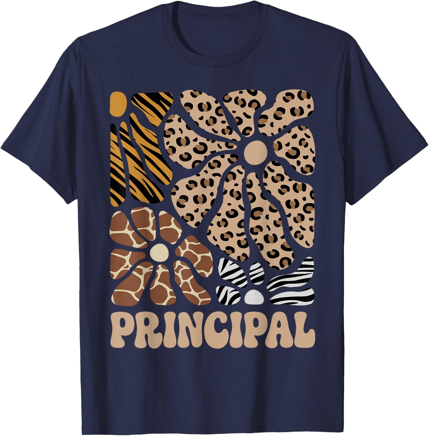 Principal Safari Animals Floral Boho Leopard T-Shirt - T-Shirt | Navy