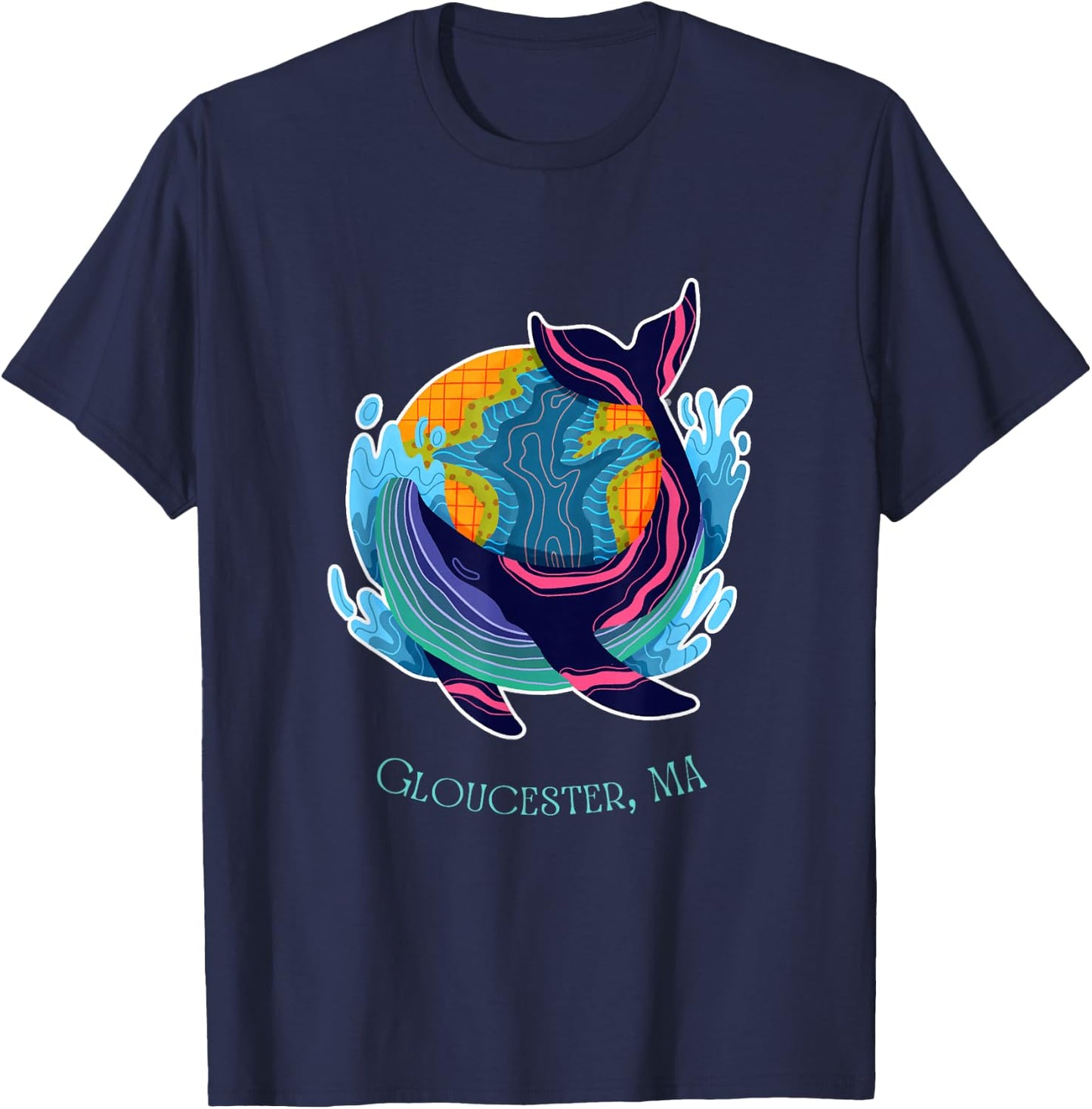 Gloucester, MA Colorful Abstract Indigo Whale Design T-Shirt - T-Shirt | Navy