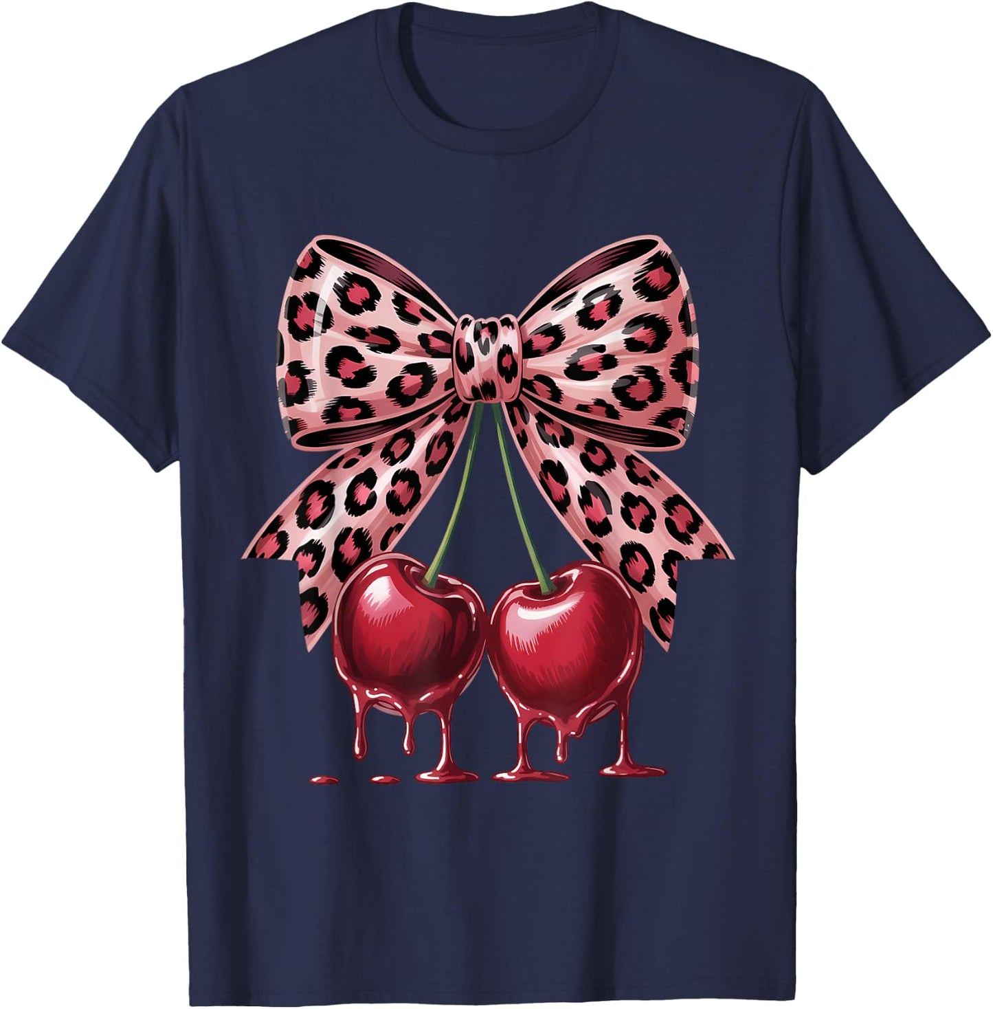 Cherry Leopard Coquette Bow Cute Cherries T-Shirt - T-Shirt | Navy