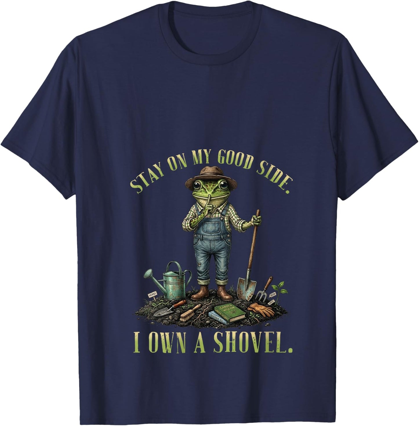 Women's Stay On My Good Side I Own A Shovel Frog Garden Humor V-Neck T-Shirt - T-Shirt | Navy