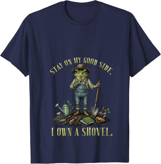 Women's Stay On My Good Side I Own A Shovel Frog Garden Humor V-Neck T-Shirt - T-Shirt | Navy