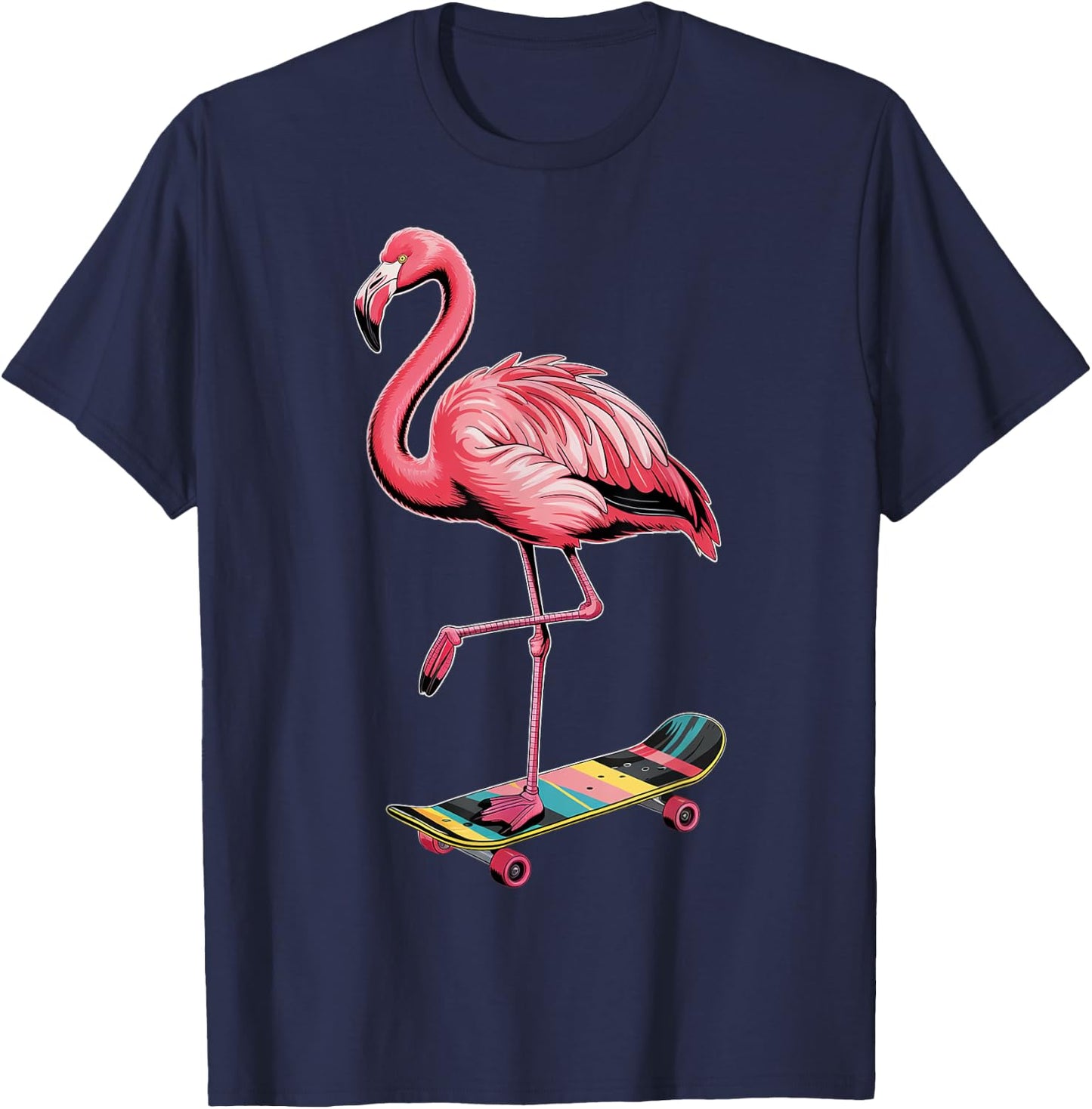 Stylish Flamingo Skateboard Enthusiast T-Shirt - T-Shirt | Navy