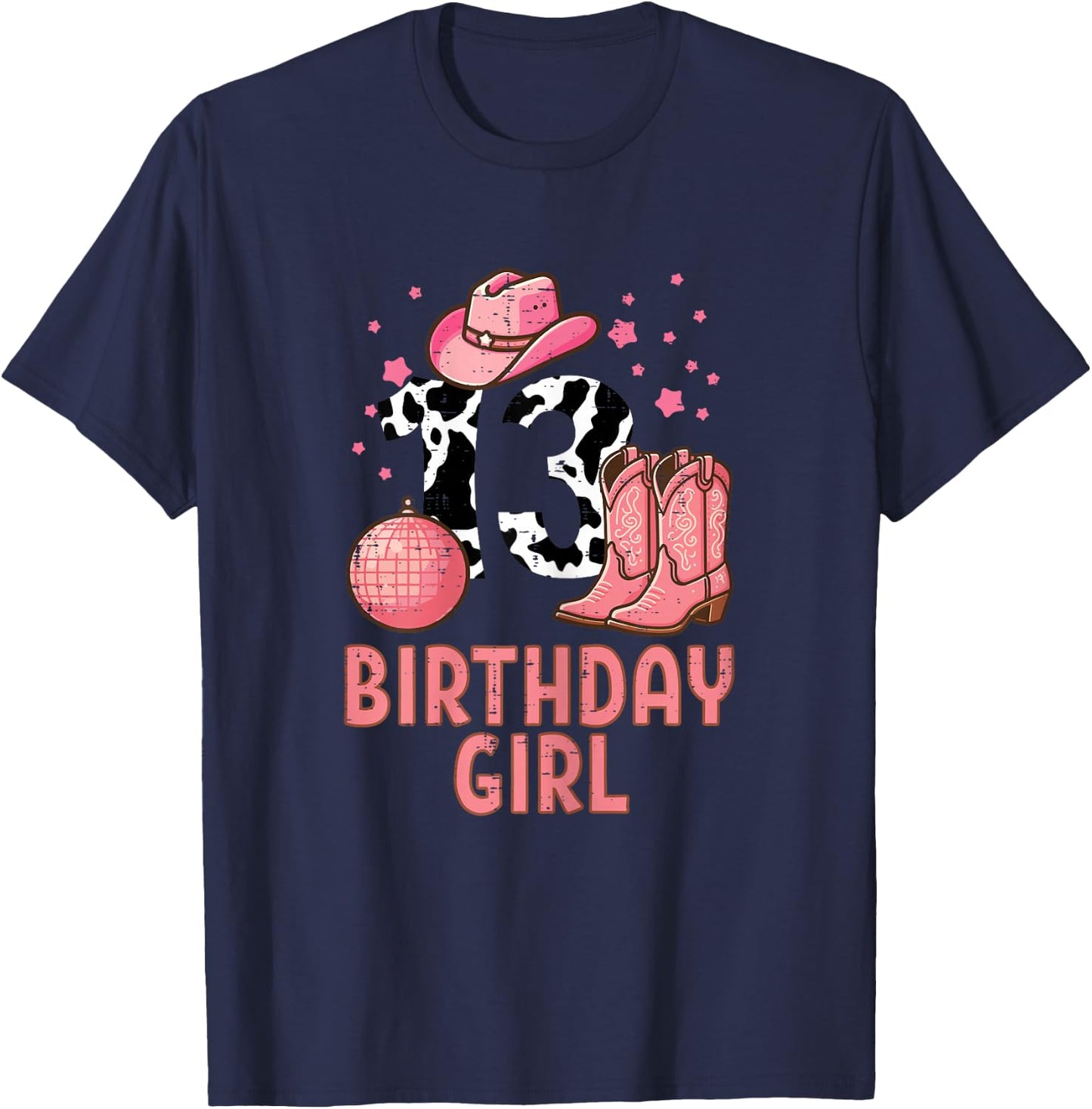 13th Birthday Cow Pattern Cowgirl 13 Year Old Bday Girls T-Shirt - T-Shirt | Navy